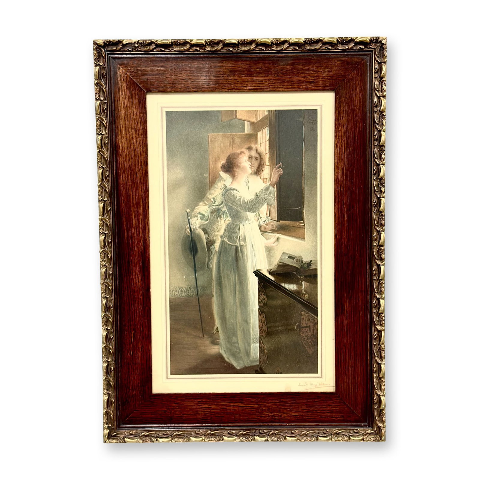 Laura Theresa Alma-Tadema, Silent Persuasion, Lithograph: This color lithograph titled Silent Persuasion is by Lady Laura Theresa Alma-Tadema (British, 1852 - 1909). The image depicts a 17th-century Dutch style genre scene with a young woman in a pale blue g
