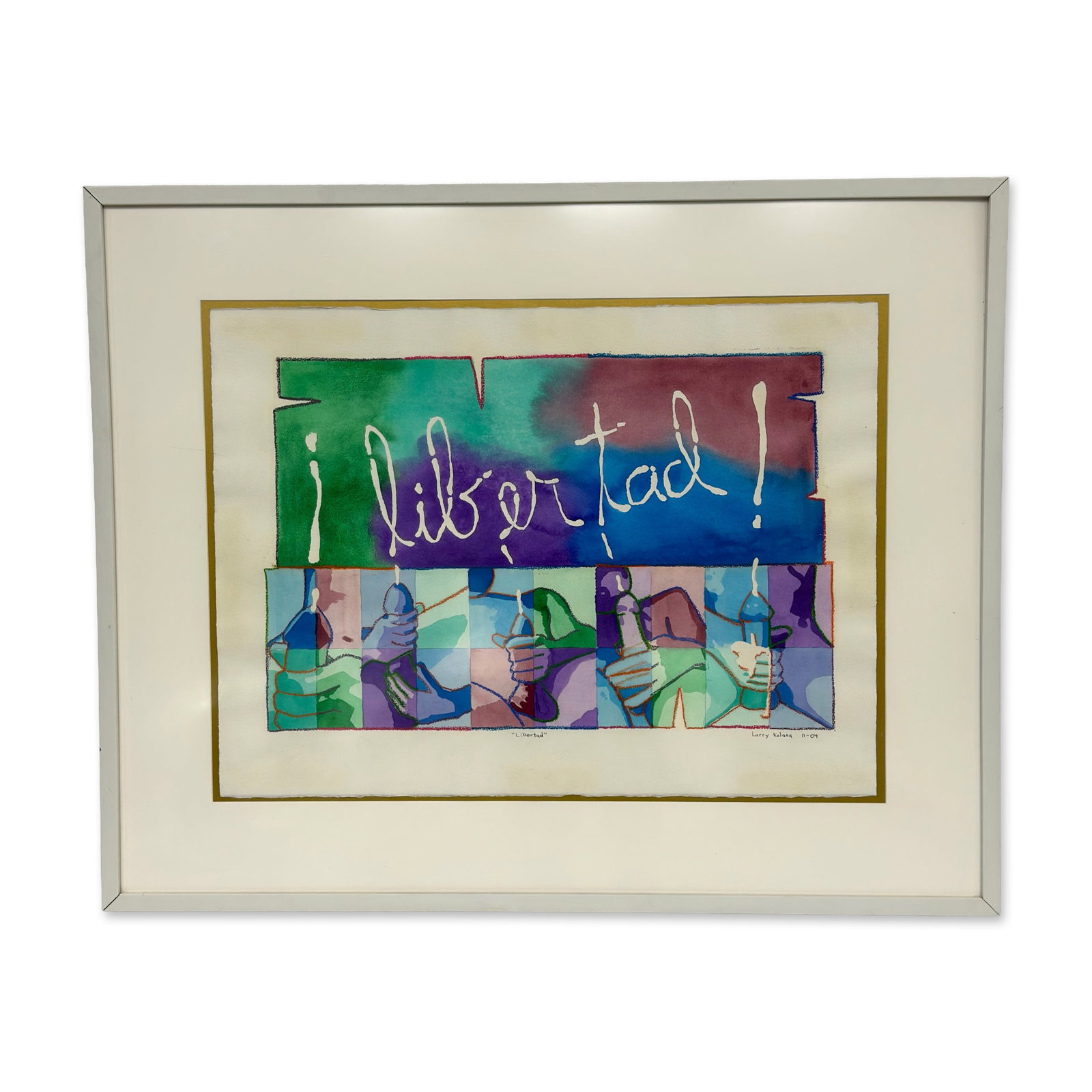 Larry Kolasa, Libertad, Mixed Media on Paper, 2004: This contemporary mixed media artwork is executed in watercolor, gouache, and oil pastel or crayon resist on paper. The composition features the Spanish word Libertad! rendered in white gestural scrip