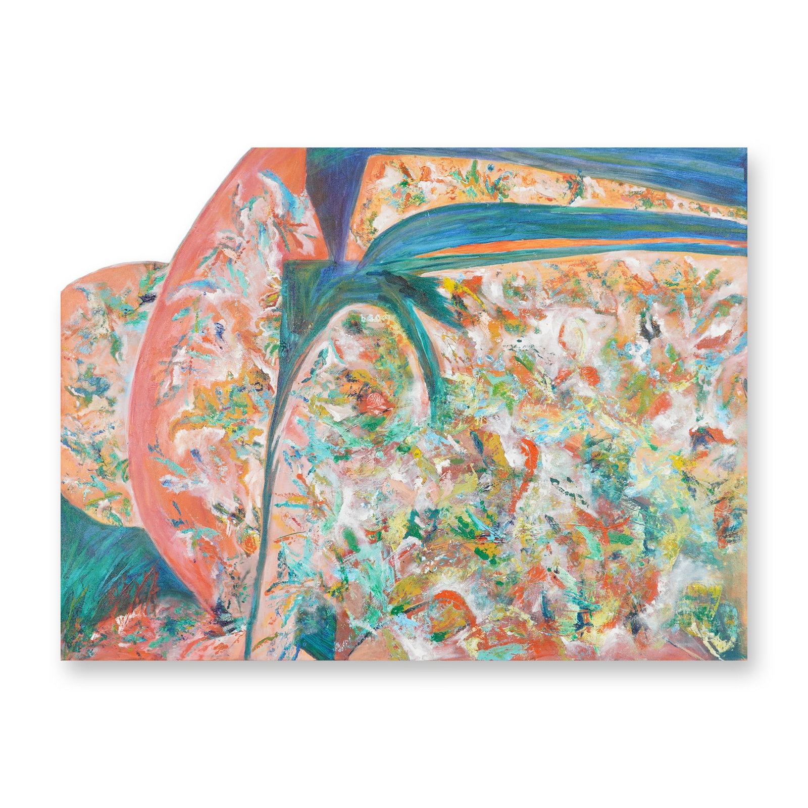 Original Abstract Textured Oil on Canvas Painting: This contemporary abstract work is executed in oil on canvas and features a vibrant palette dominated by shades of orange, peach, teal, and blue, with energetic stippling in yellow, green, and white. 