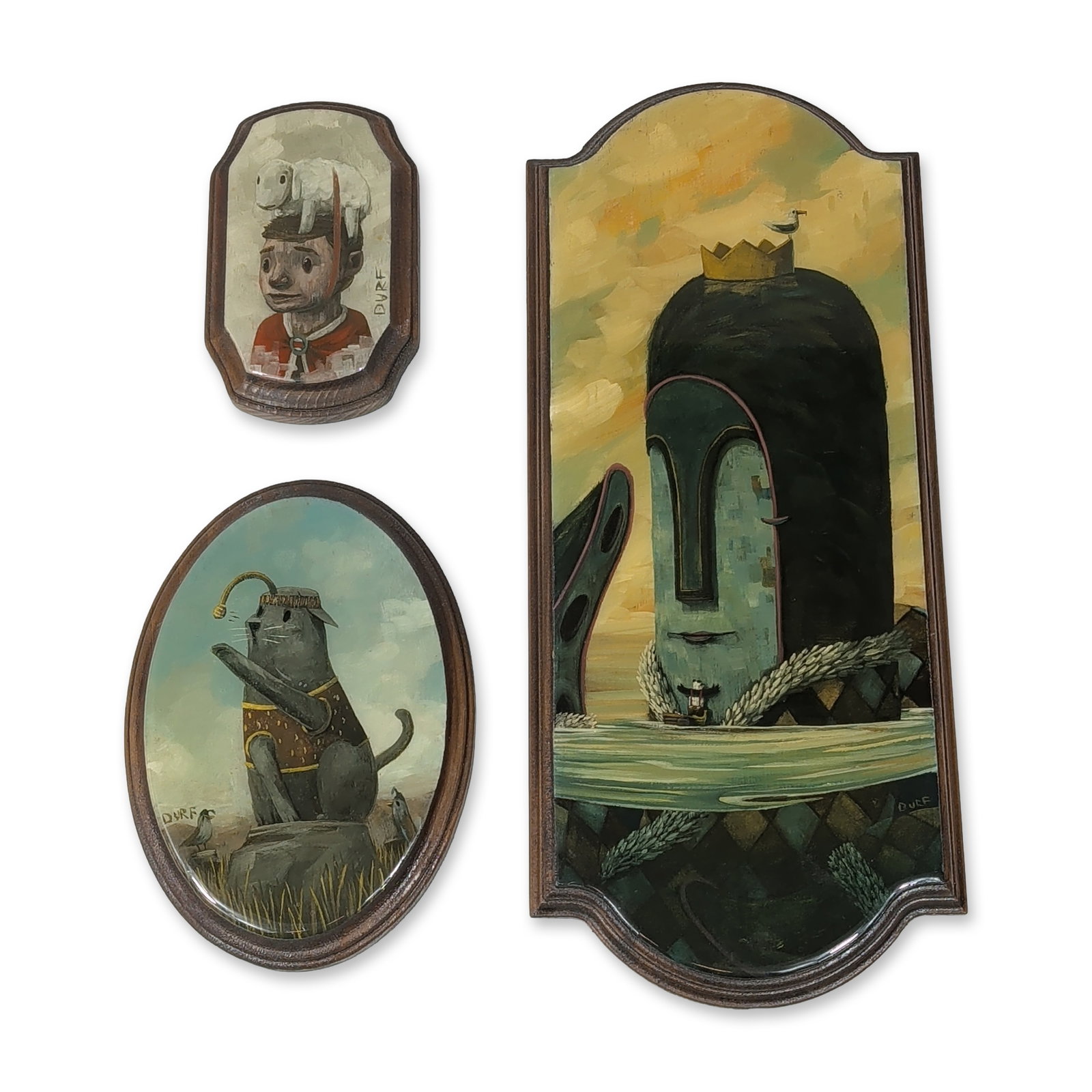 3pc Nathan Durfee (American, 21st century), Whimsical Pop-Surrealist Oil Paintings on Panels: Nathan Durfee (American, Contemporary). Trio of narrative paintings in oil and resin on shaped wood panels, featuring whimsical surrealist subjects. The collection includes a large vertical panel with