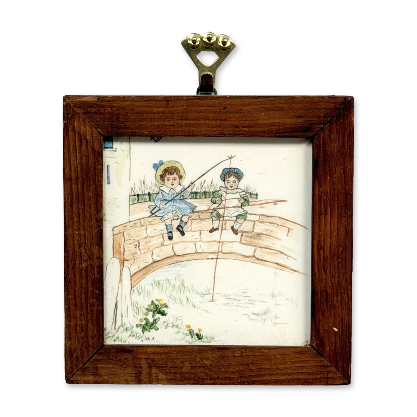 Attributed to Kate Greenaway (English, 1846-1901) Hand-Painted Porcelain Tile, Two Children Fishing (1 of 3)