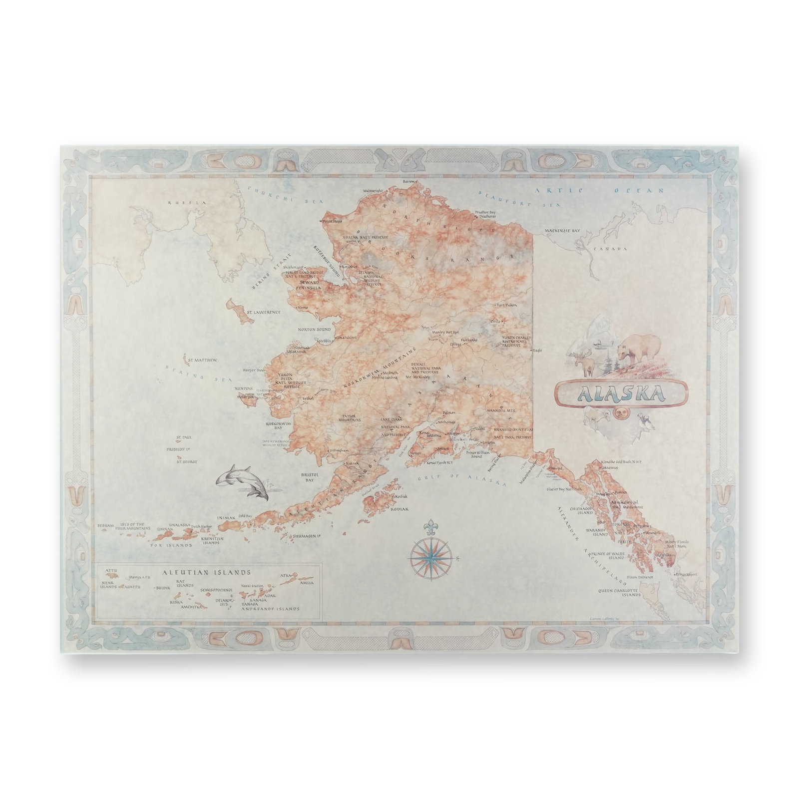 Carnes and Lafferty Alaska Map Print: A decorative map print of Alaska by Carnes and Lafferty, dated 1997. This vintage-style design highlights the geography and character of the state with warm earth tones, detailed topography, and illus