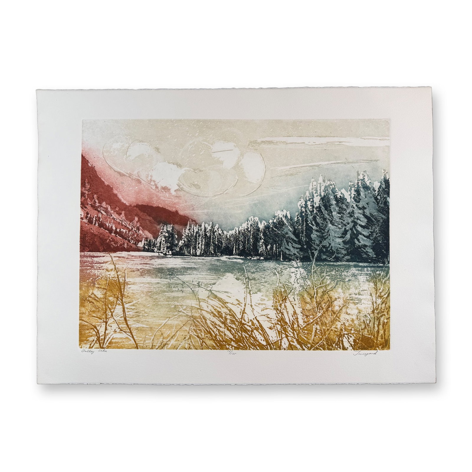 Irmgard (Switzerland) Etching Valley Lake, signed: Etching titled Valley Lake Signed lower right numbered 15/175. Sight size 30 x 22.25 Dimensions: See Description.