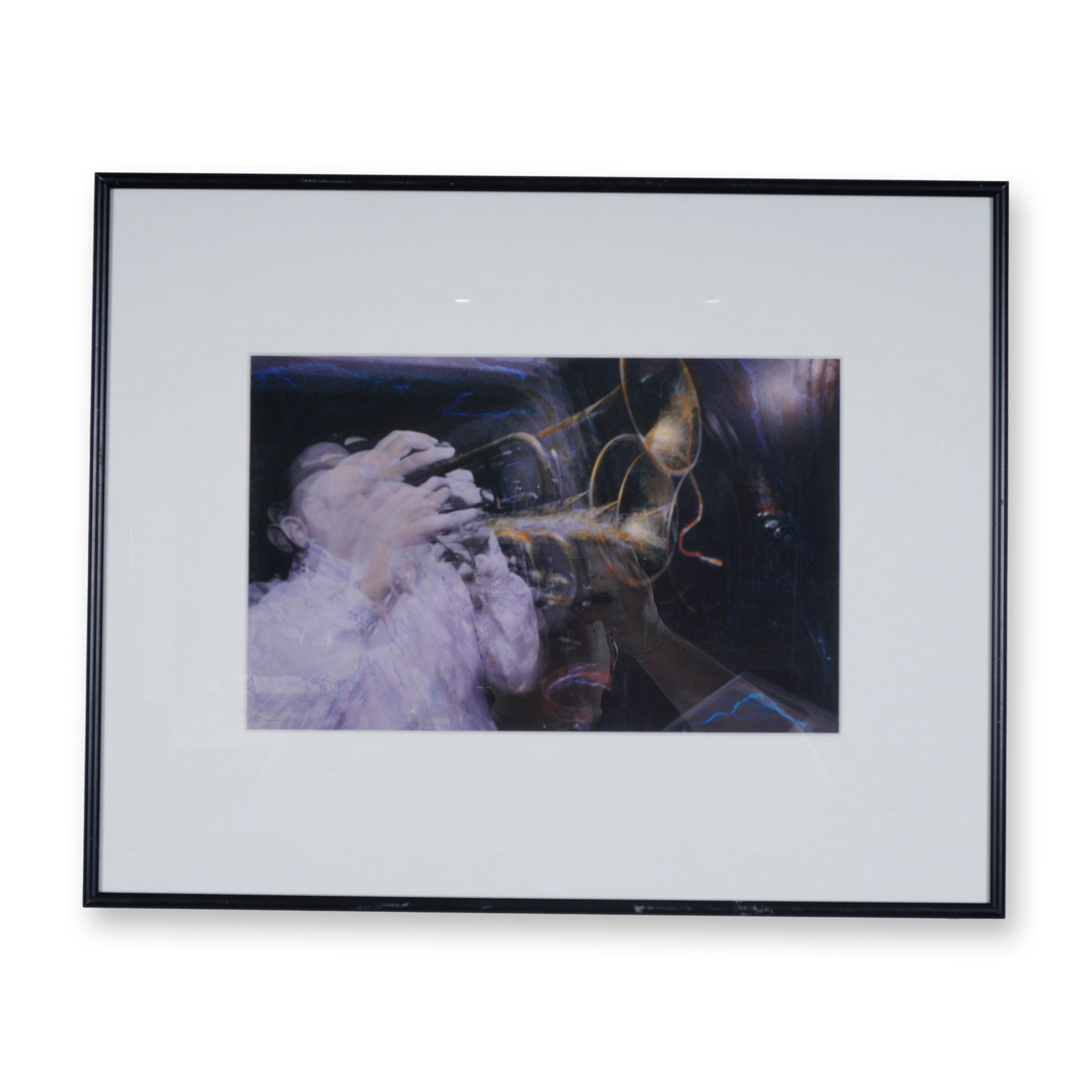 Motion Blur C-Print Photograph on Paper, Musician Playing the Trumpet: This contemporary C-print color photograph features a musician playing the trumpet. The work is executed on paper and utilizes techniques of multiple exposure and motion blur to capture the movement a