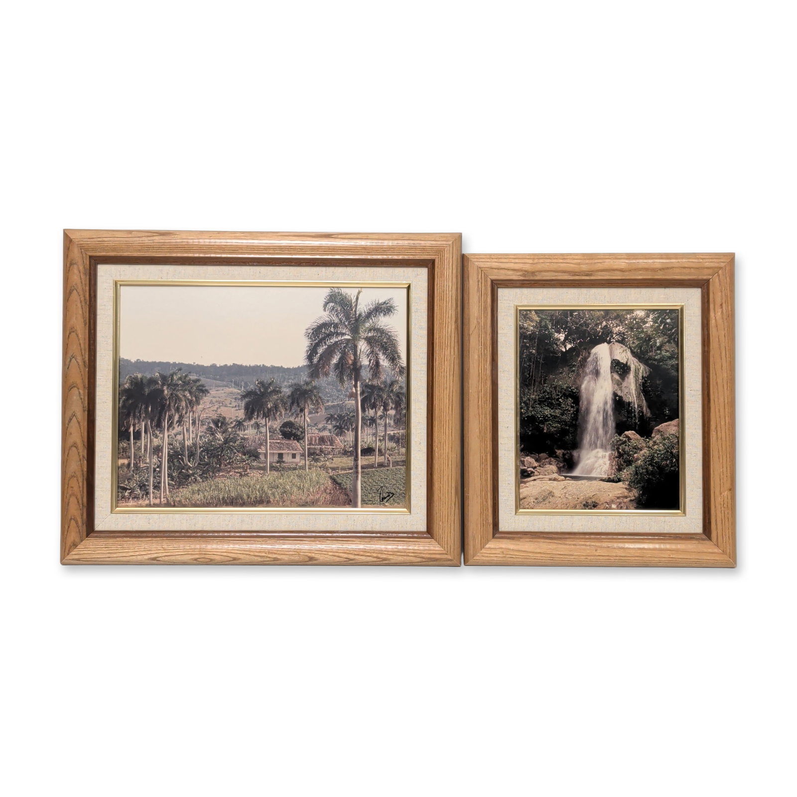 2pc Chromogenic Prints Photographs on Paper, Cuban Tropical Landscapes, Signed: Set of two chromogenic prints on paper featuring Cuban tropical landscape scenes. One work depicts a waterfall cascading over verdant rocky cliffs. The second work shows a campo rural village scene