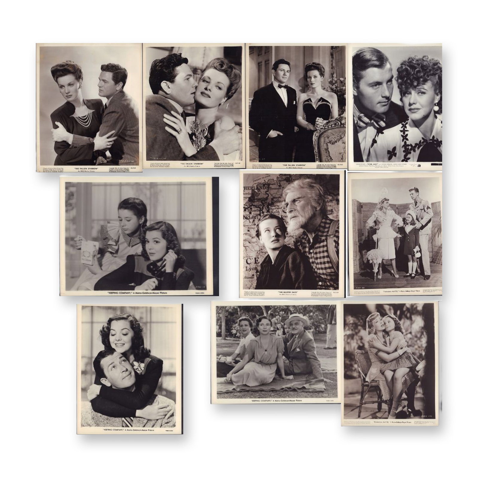 10pc Black and White Hollywood Movie Star Promotional Photos c. 1940: This collection consists of 10 vintage black and white silver gelatin press prints produced in the early 1940s, including items from 1941-1942. These photographs serve as promotional stills for major