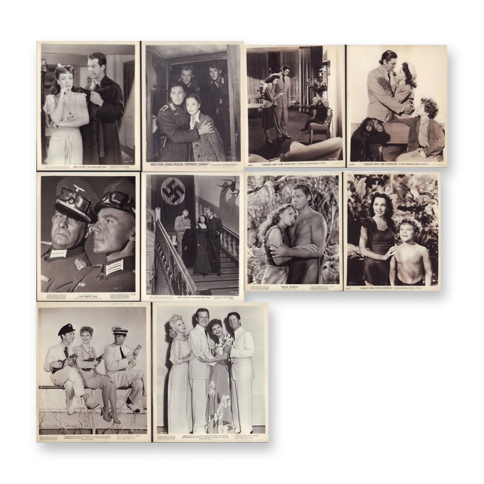10pc Black and White Movie Star Photos c. 1940, Crawford, Errol Flynn, Reagan: This collection consists of ten vintage silver gelatin prints serving as original promotional movie stills from Hollywood productions released between 1942 and 1943. The assortment features iconic