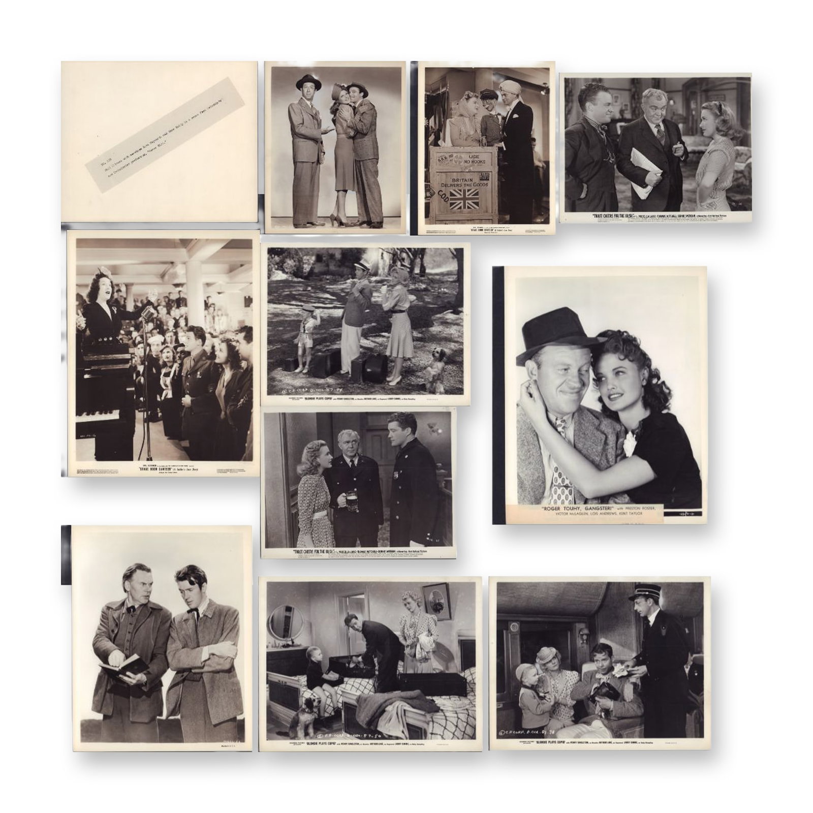 10pc Black and White Movie Star Publicity Photos c. 1940: This is a collection of 10 vintage gelatin silver print publicity photographs from the early 1940s, including items from 1941-1942, produced by major American film studios for promotional distribution