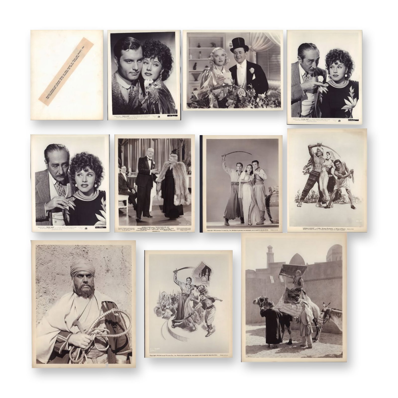 10pc Black and White Movie Star Publicity Photos c. 1940: This lot consists of ten vintage silver gelatin press photographs and publicity stills from the 1930s and 1940s Hollywood era. The collection includes dramatic portraits and production scenes