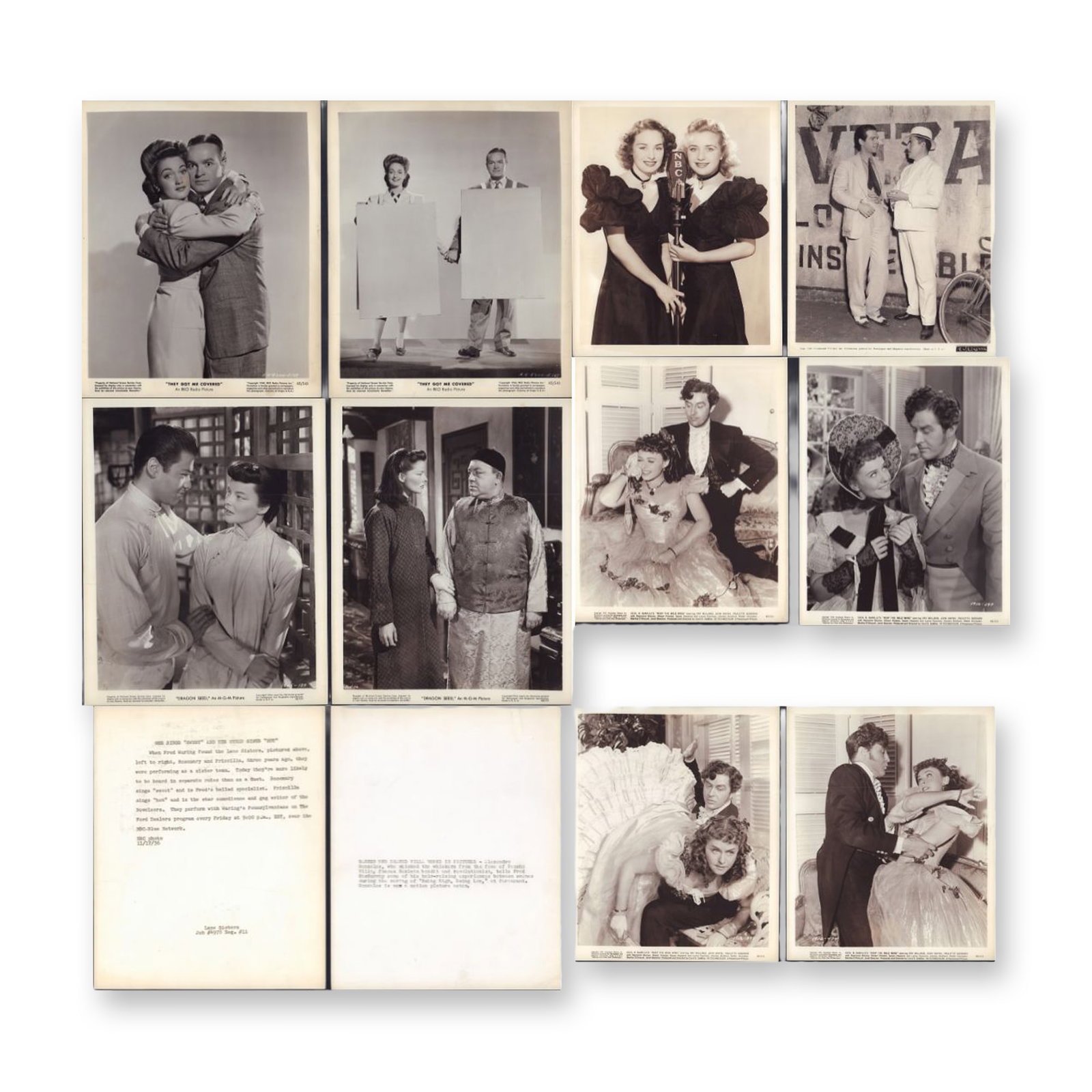 10pc Black and White Movie Stars Publicity Photos c. 1930 & 1940: This collection consists of ten vintage black and white silver gelatin publicity photographs featuring prominent Hollywood film and radio stars from the 1930s and 1940s. The assortment includes