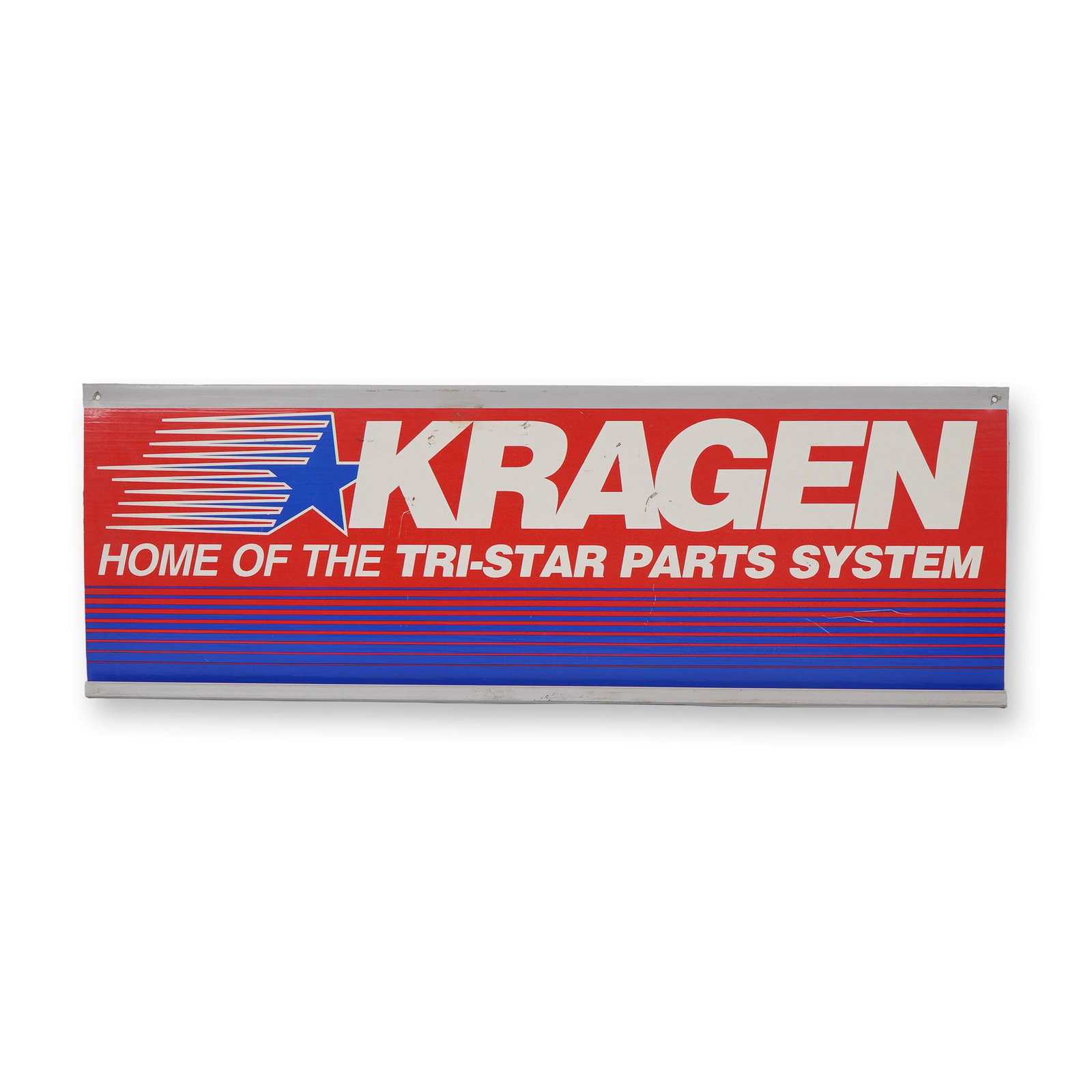 Kragen Tri-Star Parts System Plastic Display Sign with Pamphlet Holder: Vintage Kragen Auto Parts advertising display sign featuring the bold red, white, and blue branding with the iconic Tri-Star logo. This molded plastic sign was designed for countertop or wall display 