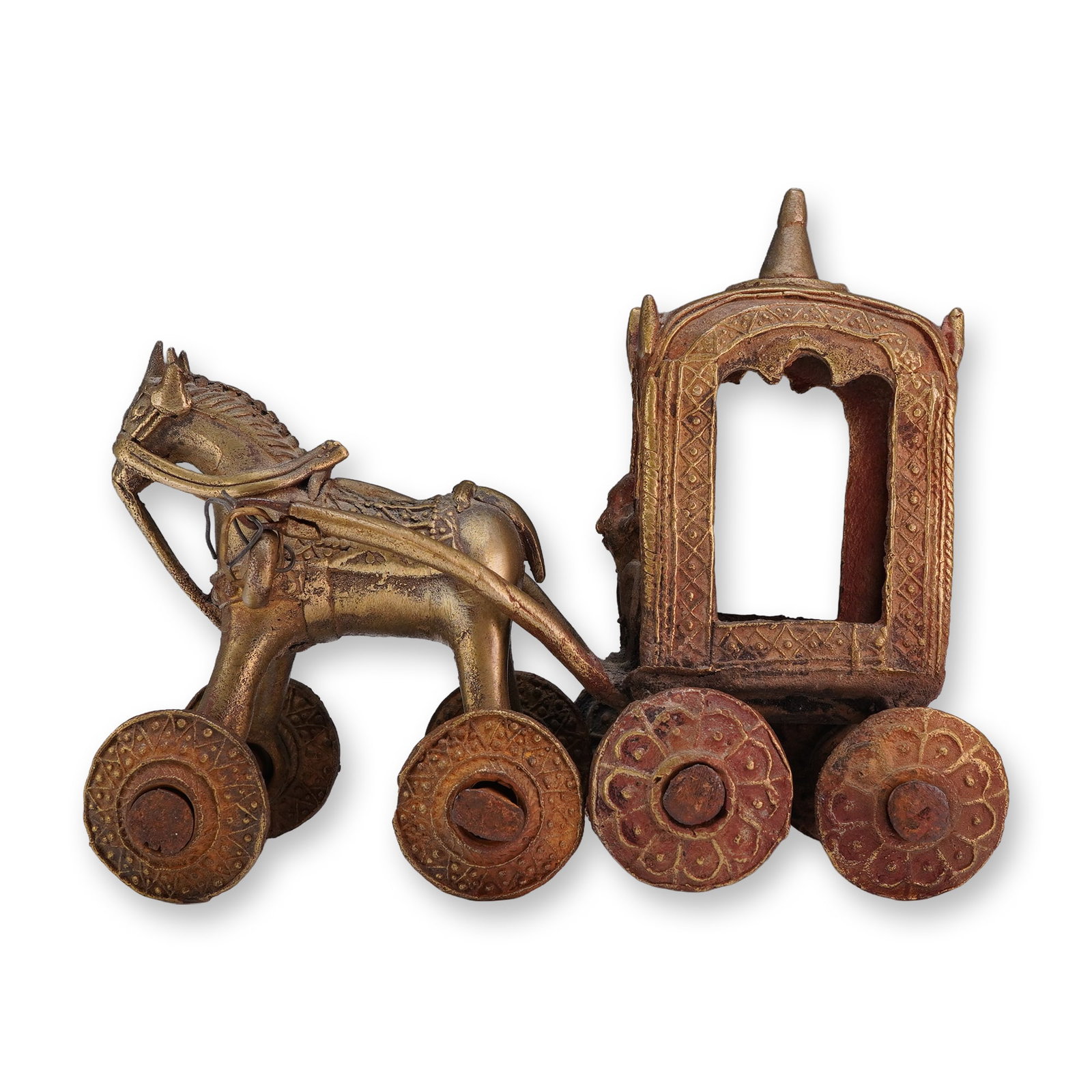 India Temple Toy Patinated Brass Ceremonial Chariot: Late 19th or early 20th century India folk art temple pull toy in cast brass with a patinated, gilt, and red lacquer finish. The wheeled ceremonial chariot, or ratha, features a stylized horse pulling