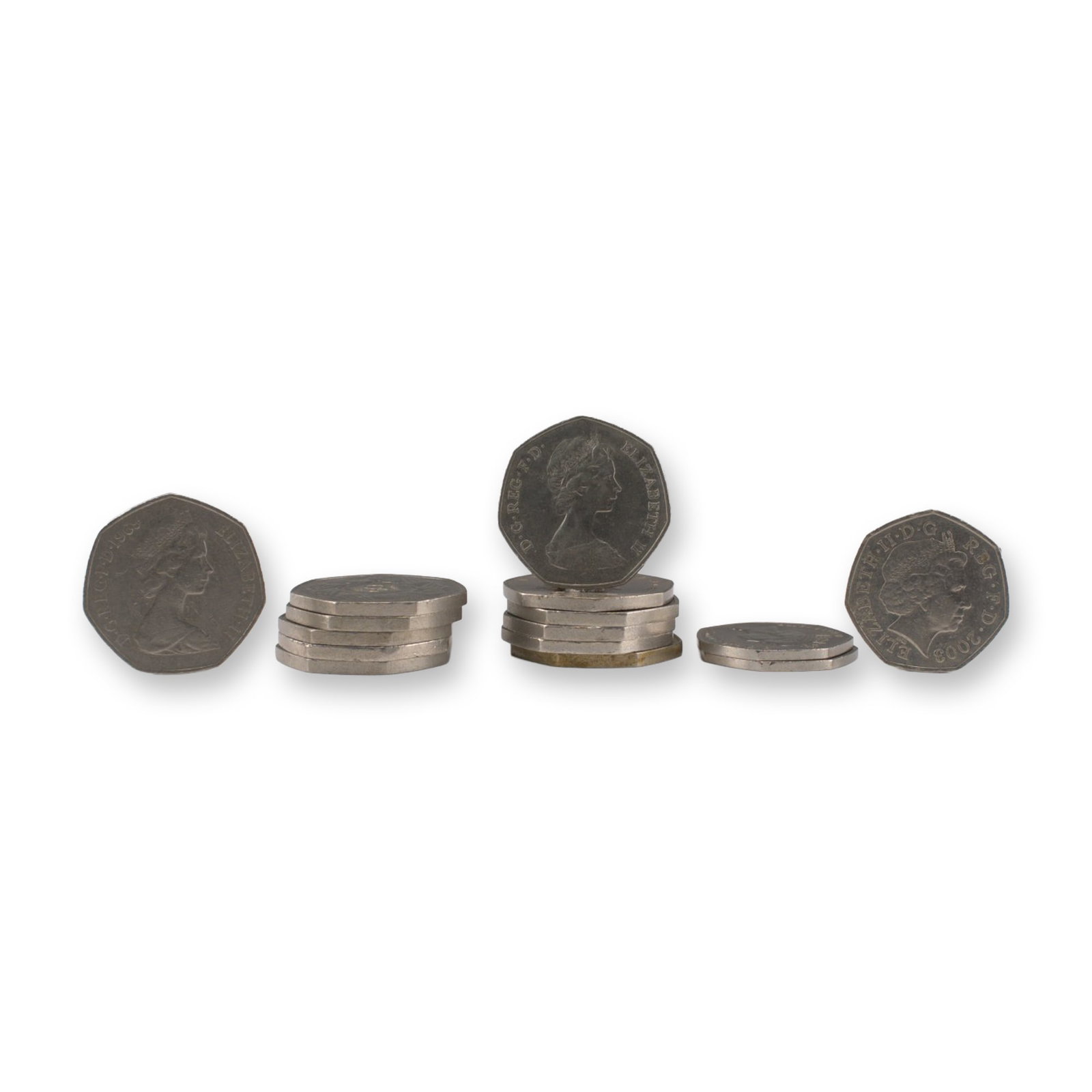 15pc United Kingdom 50 Pence Coin Set: Each coin bears the portrait of Queen Elizabeth II on the obverse, with Britannia and other symbolic motifs represented on the reverses. Includes the notable 1973 European Economic Community commemora