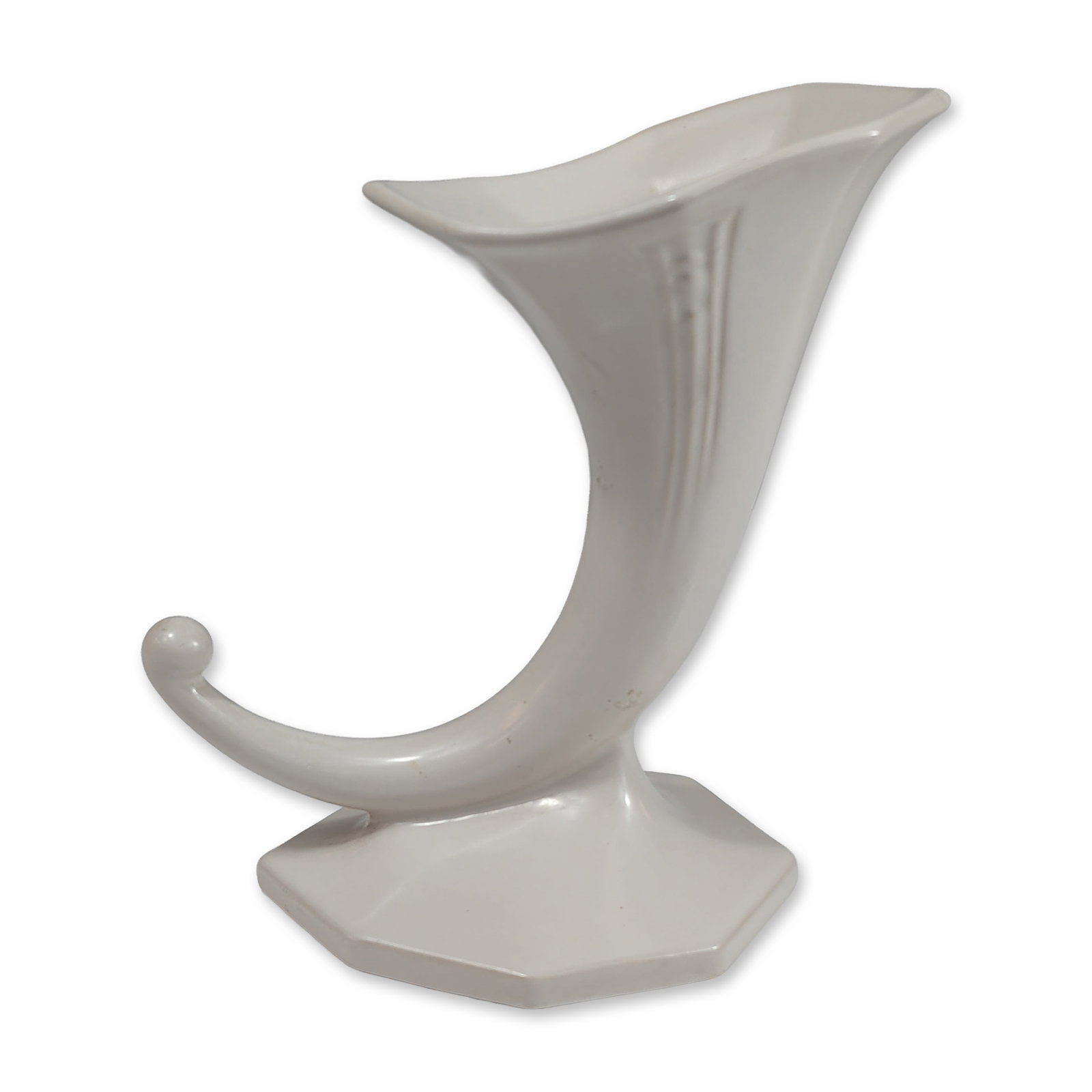Roseville Pottery Ivory-Color II Russco White Art Deco Cornucopia Vase: The earthenware vessel features a stylized horn of plenty form with a flaring octagonal rim and a curved lower terminal ending in a ball finial. The exterior is finished in a uniform cream-colored mat