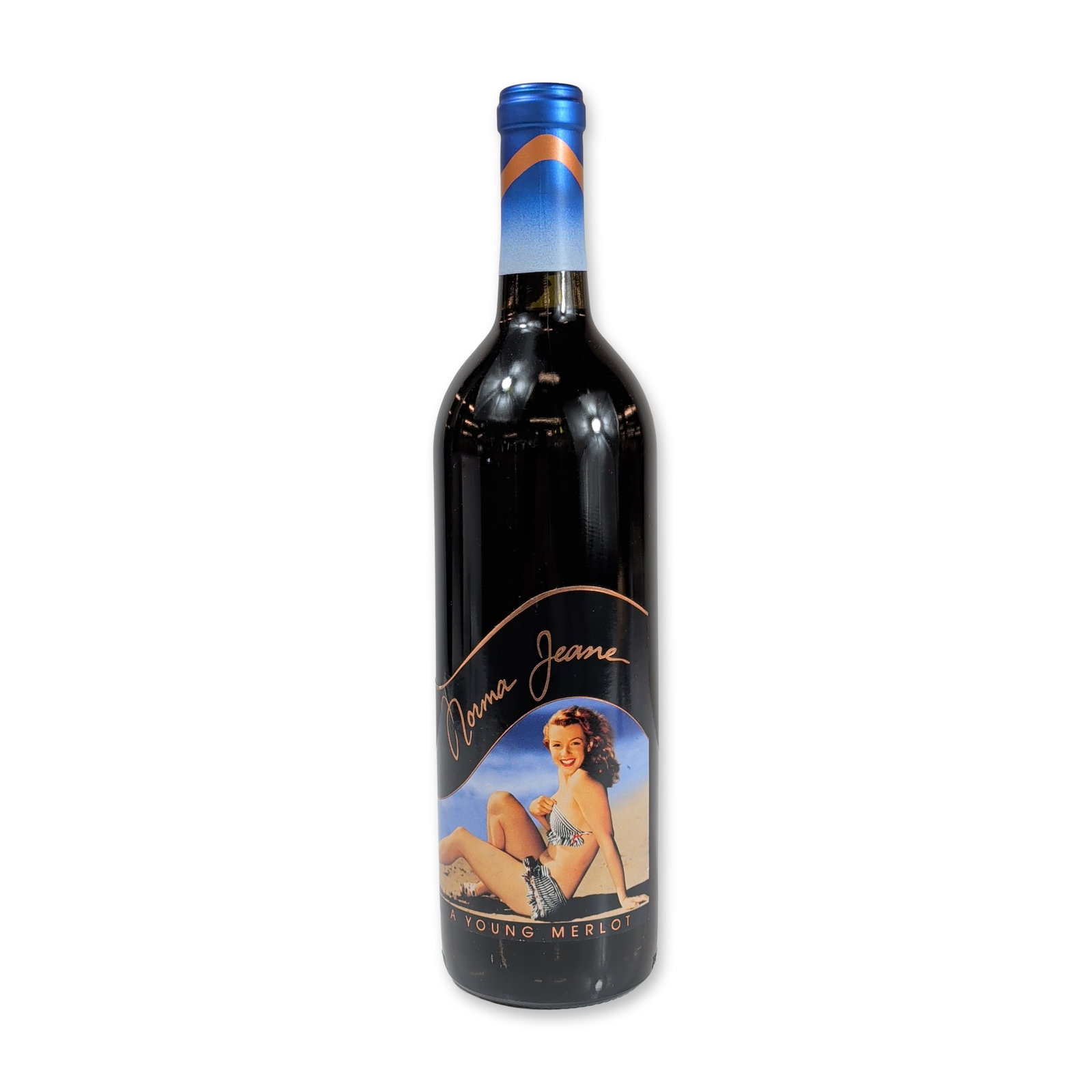 2000 Norma Jeane California Merlot Wine: Nova Wines, Inc. (California). Single bottle of red wine, 2000 vintage. This bottle represents the third vintage of the Norma Jeane Young Merlot series. The front label features a photographic image o
