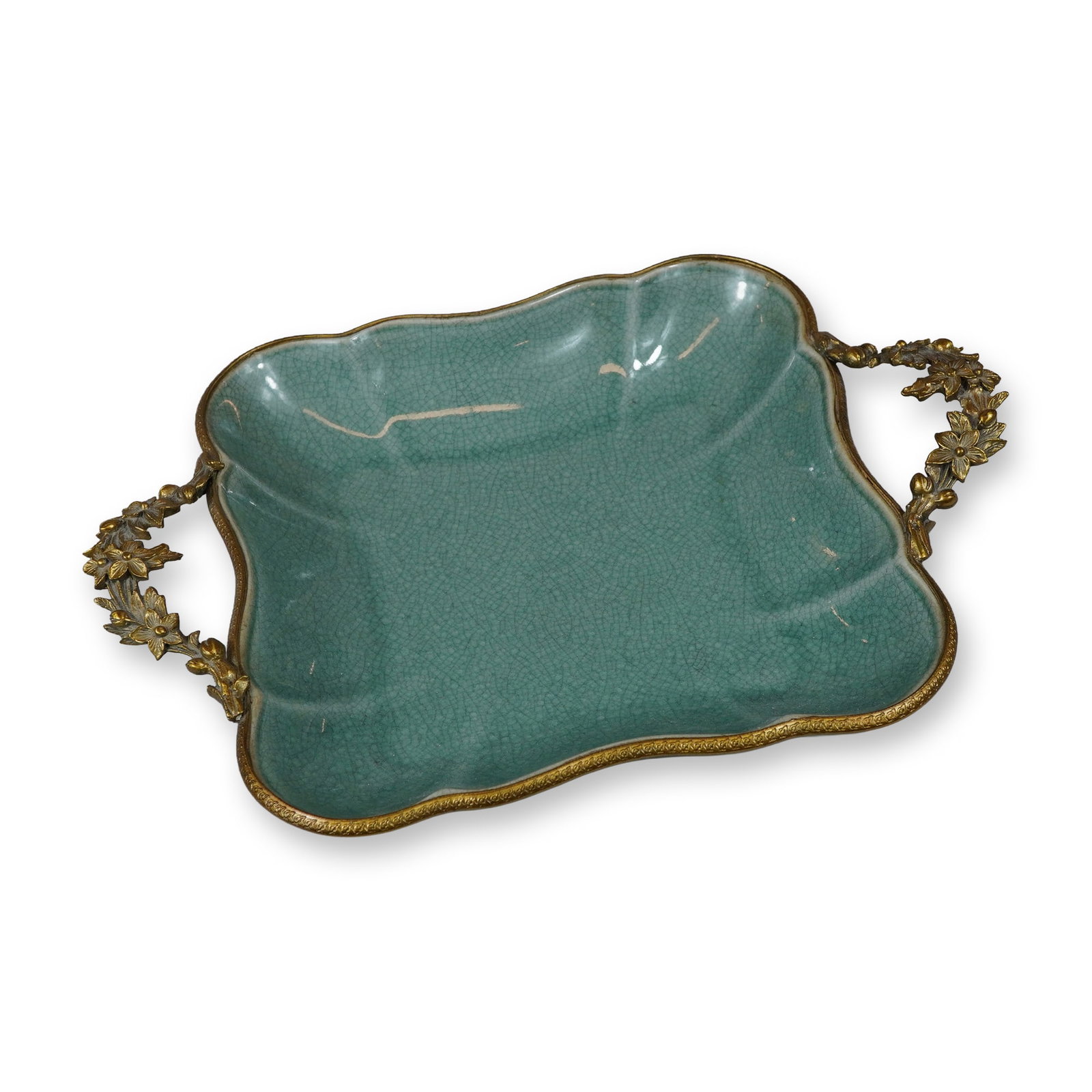 Crackle Glaze Porcelain Centerpiece Dish with Ornate Gilt-Brass Handles (1 of 3)