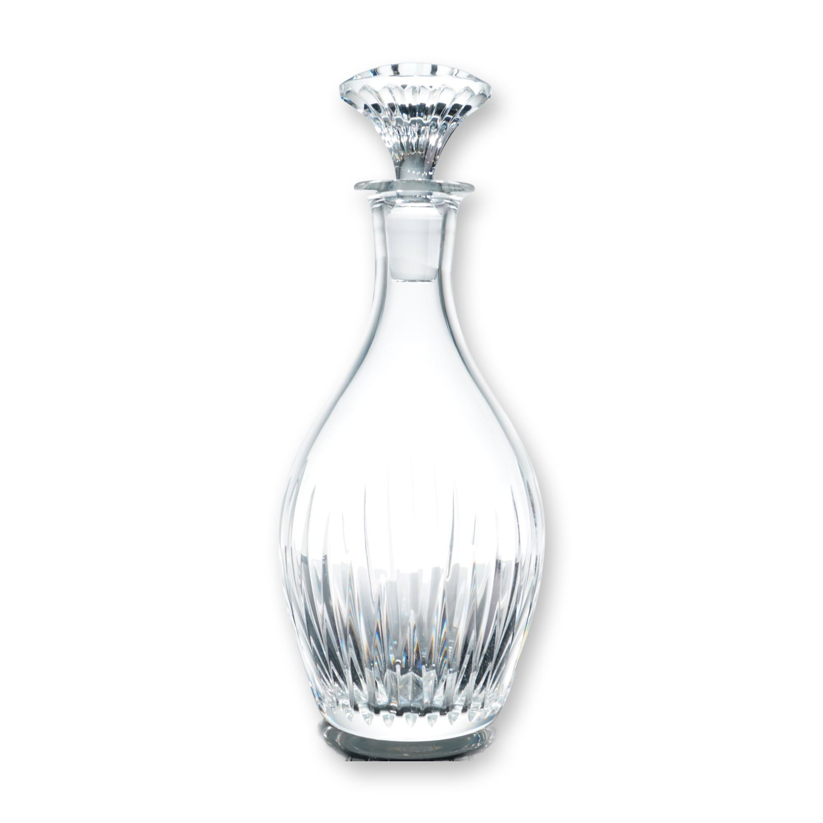 Baccarat Massena Crystal Decanter with Stopper: Crystal decanter with matching stopper, featuring a bulbous body with deeply cut vertical flutes to the lower half. The vessel tapers to a long neck with a flared and polished rim. Accompanied by a ma