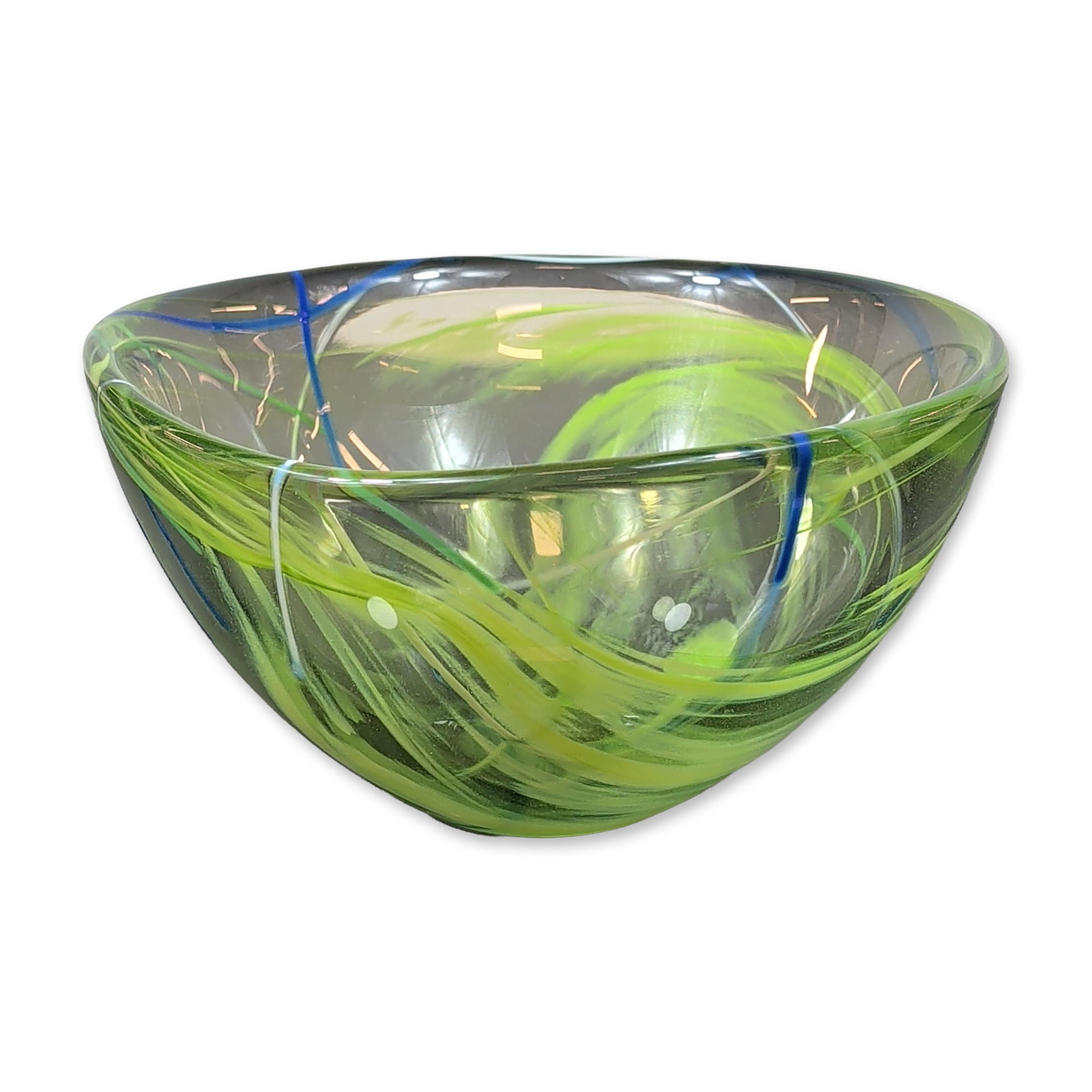 Kosta Boda Anna Ehrner Contrast Art Glass Bowl: Kosta Boda Contrast collection art glass bowl designed by Anna Ehrner, featuring clear glass with internal swirls of lime green and yellow, accented by fine blue glass trailing applied to the exterior