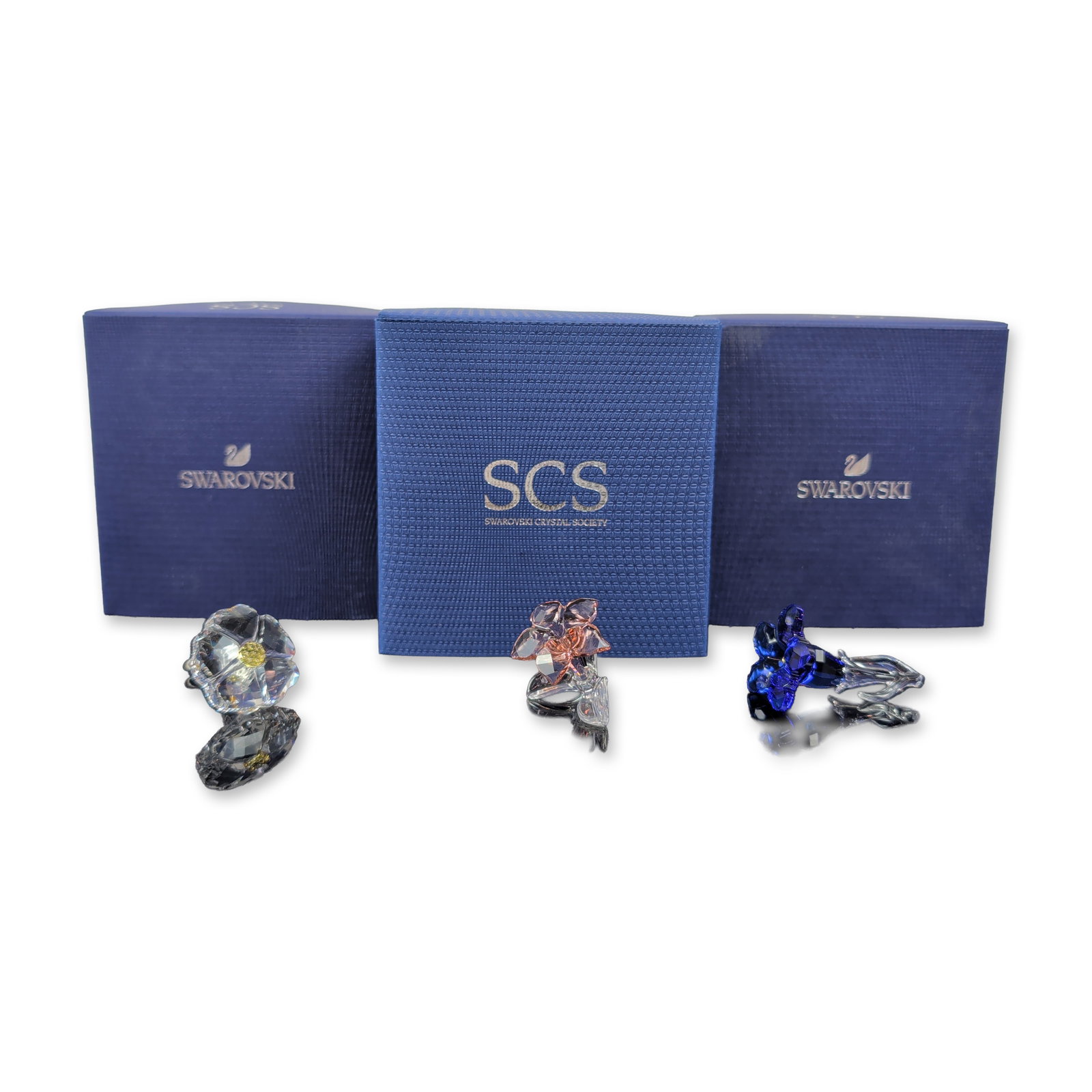Three Swarovski Crystal SCS Flower Figurines: The Swarovski Crystal Society wildflower figurines are crafted from faceted lead crystal, showcasing a clear blossom with six petals and a textured yellow center, a pink blossom on a clear base, and a