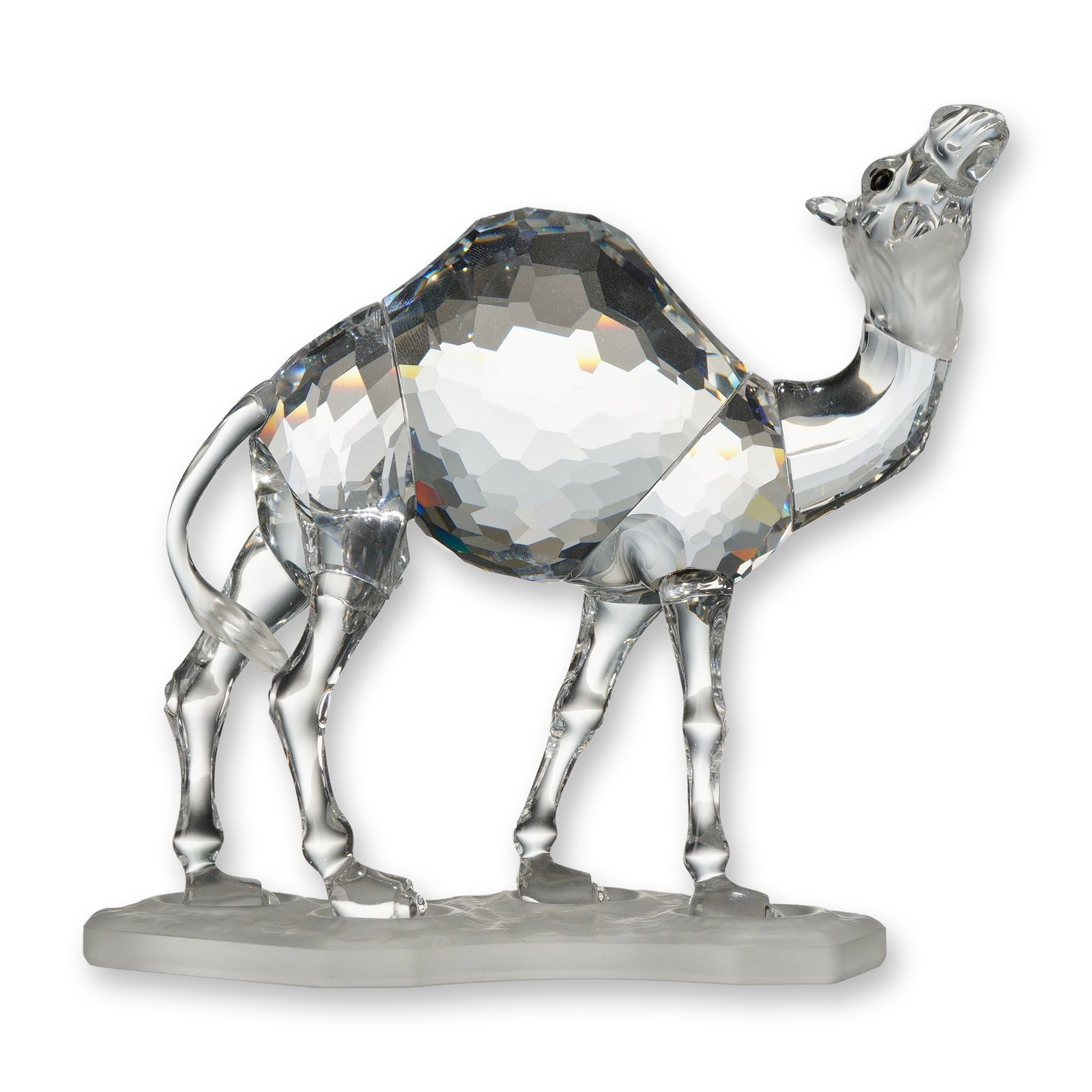 Swarovski Crystal Camel Figurine: Swarovski crystal camel figurine from the Silver Crystal collection, designed by Heinz Tabertshofer. The dromedary camel is fashioned with a highly faceted clear lead crystal body, smooth crystal neck