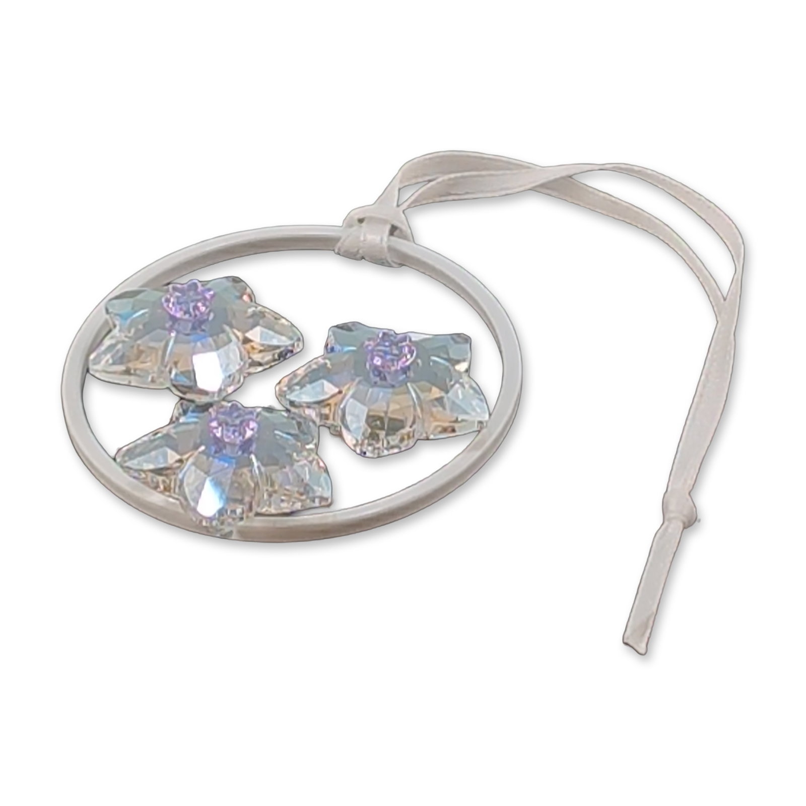 Swarovski 2013 SCS Event Ornament Blossom: Swarovski Crystal Society (SCS) 2013 event ornament titled Blossom. The piece features a white metal ring framing three faceted clear lead crystal blossoms, each accented with a central lavender facet