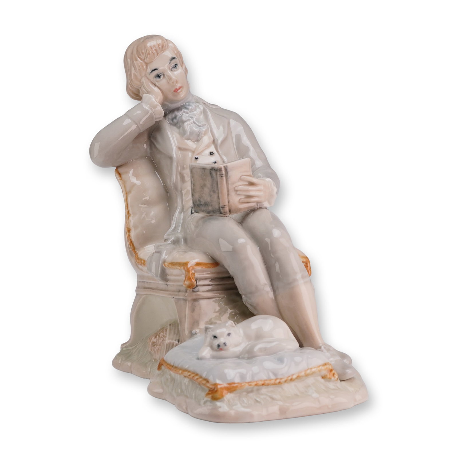 Sango Spanish Porcelain Figurine, Seated Scholar: A glazed porcelain figurine produced by Sango in Spain, depicting a young scholar or gentleman in a contemplative pose. The figure is dressed in late 18th-century style attire and is seated in a Louis