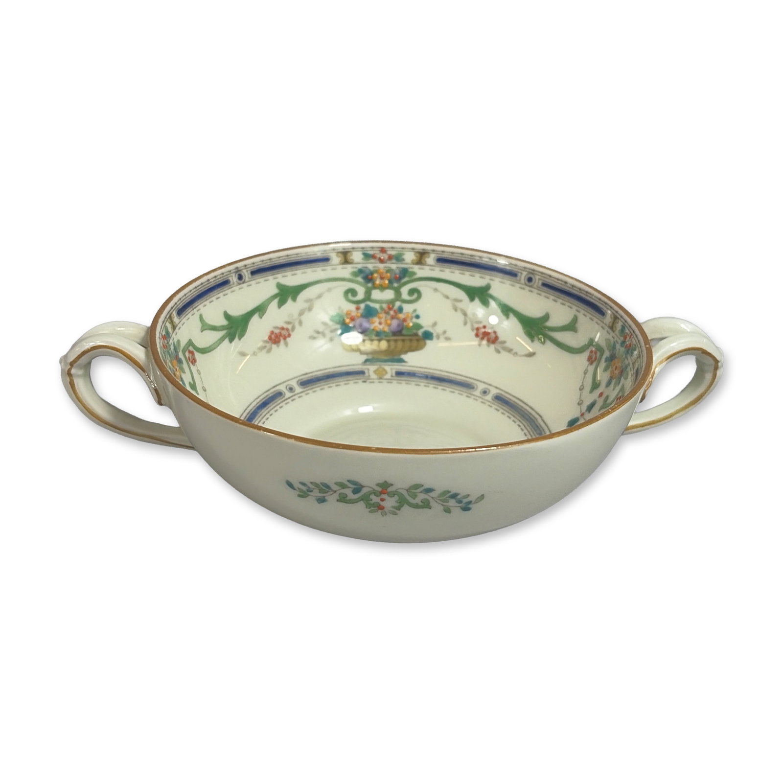Royal Doulton Ormonde Soup Bowl: Royal Doulton, England. Two-handled soup bowl in the Ormonde pattern, H3191. The bone china vessel features neoclassical decoration with green foliate swags and polychrome baskets containing yellow, b