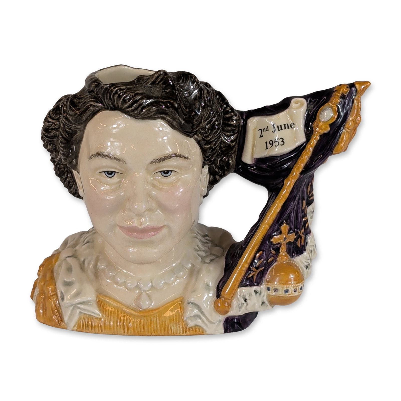 Royal Doulton Queen Elizabeth II Coronation Small Character Jug D7168: Royal Doulton character jug in hand-painted glazed ceramic, titled Queen Elizabeth II Coronation, model D7168. The piece depicts the monarch in coronation robes. The handle is modeled as the Royal Sce