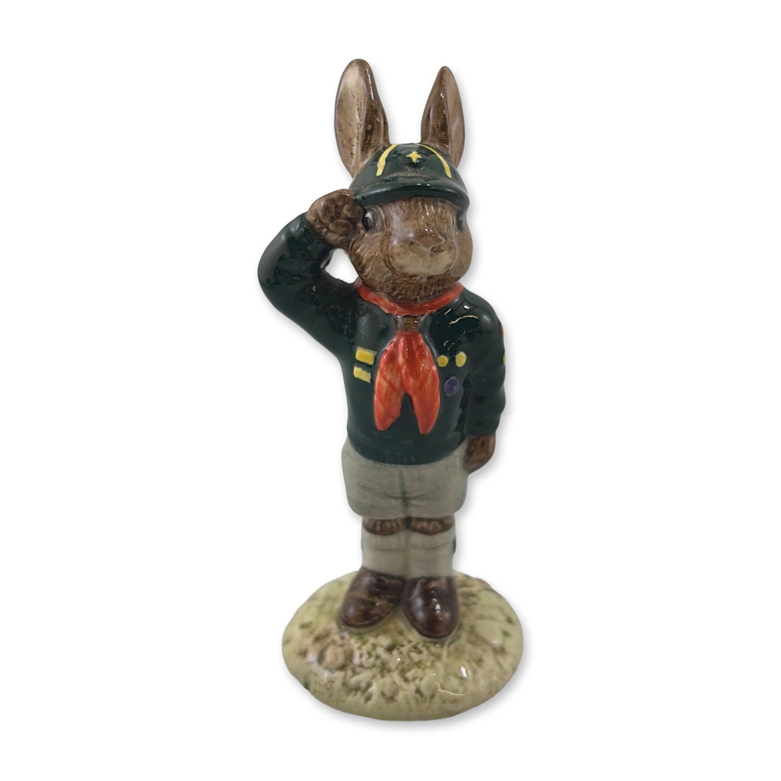 Royal Doulton Be Prepared Bunnykins Figurine DB56: Royal Doulton porcelain figurine from the Bunnykins series, titled Be Prepared (DB 56). The figure depicts a rabbit character dressed in a scout-style uniform consisting of a dark tunic with yellow ac