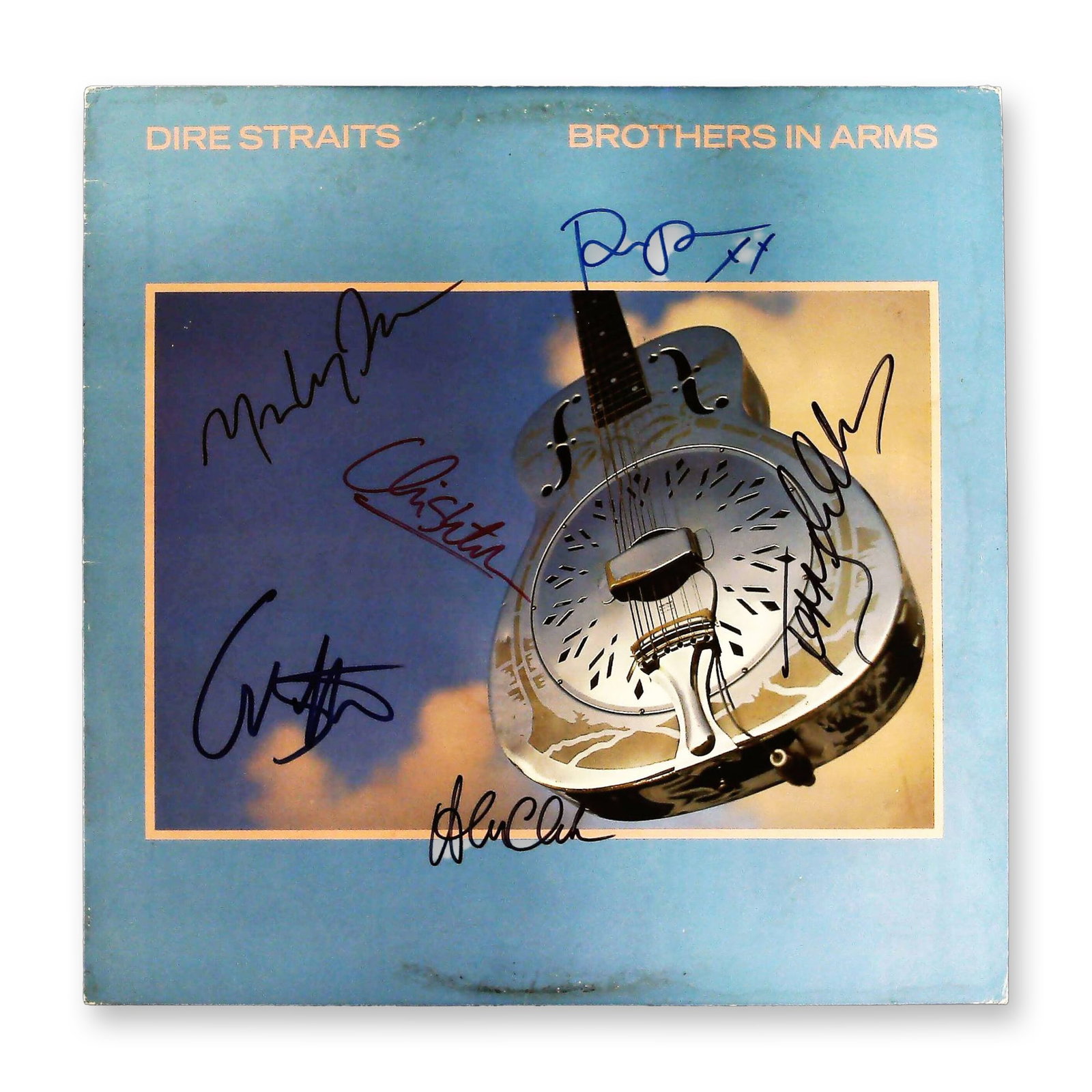 Dire Straits Signed Brothers in Arms 1985 Vinyl LP with Field of Dreams COA: A vintage vinyl LP record album, Dire Straits' 1985 release Brothers in Arms (Warner Bros. Records, catalog number 925264-1). The album cover features multiple presumed authentic signatures executed i