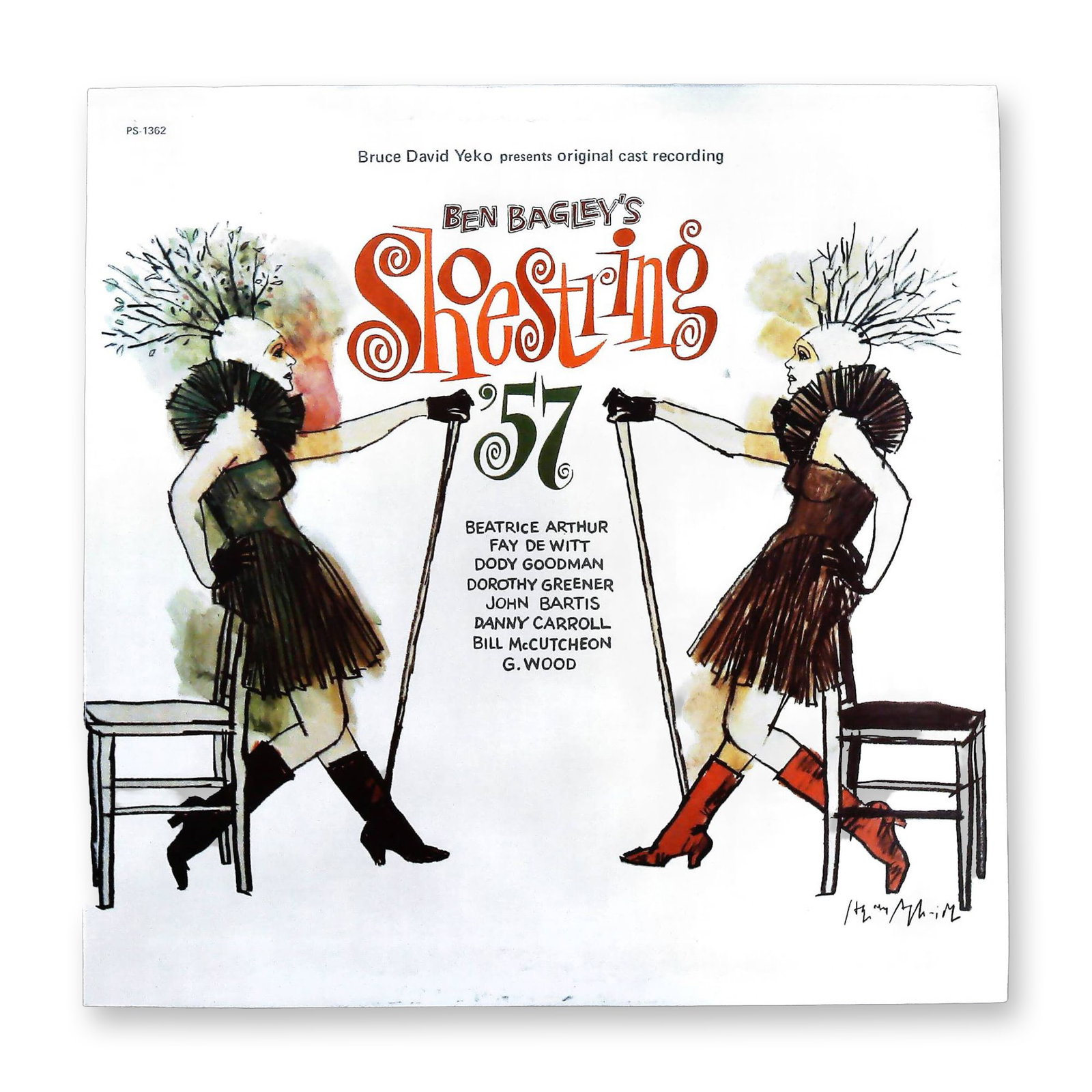 Ben Bagley's Shoestring '57 Original Cast Recording Vinyl LP: A copy of the original cast recording Ben Bagley's Shoestring '57, released on the Painted Smiles Records label, catalog number PS 1362. This lot includes one 12-inch vinyl long-playing record (LP) an