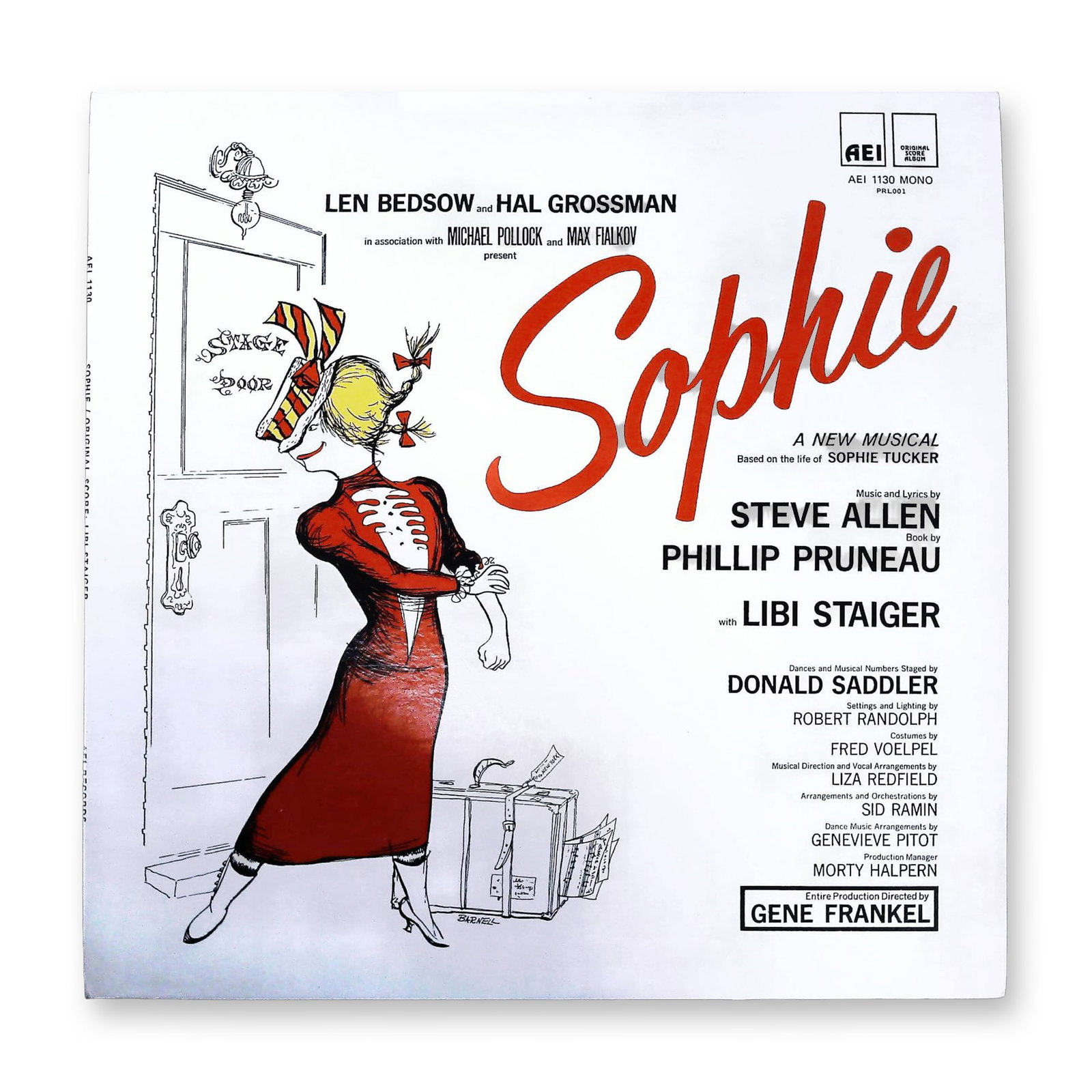 Original Broadway Cast Recording Sophie A New Musical Steve Allen AEI 1130 LP: A single vintage Monophonic vinyl LP (AEI 1130 MONO PHL801) of the Original Broadway Cast Recording of Sophie, a musical based on the life of Sophie Tucker. The score features music and lyrics by Stev
