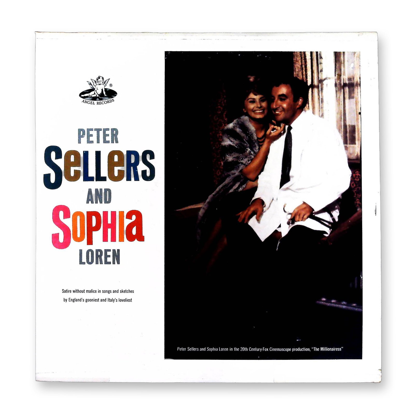 Peter Sellers and Sophia Loren LP Album Angel Records 35910: A vintage Long Play (LP) vinyl record album featuring performances by Peter Sellers and Sophia Loren. Issued by Angel Records, catalog number 35910. The content consists of satire in songs and sketche