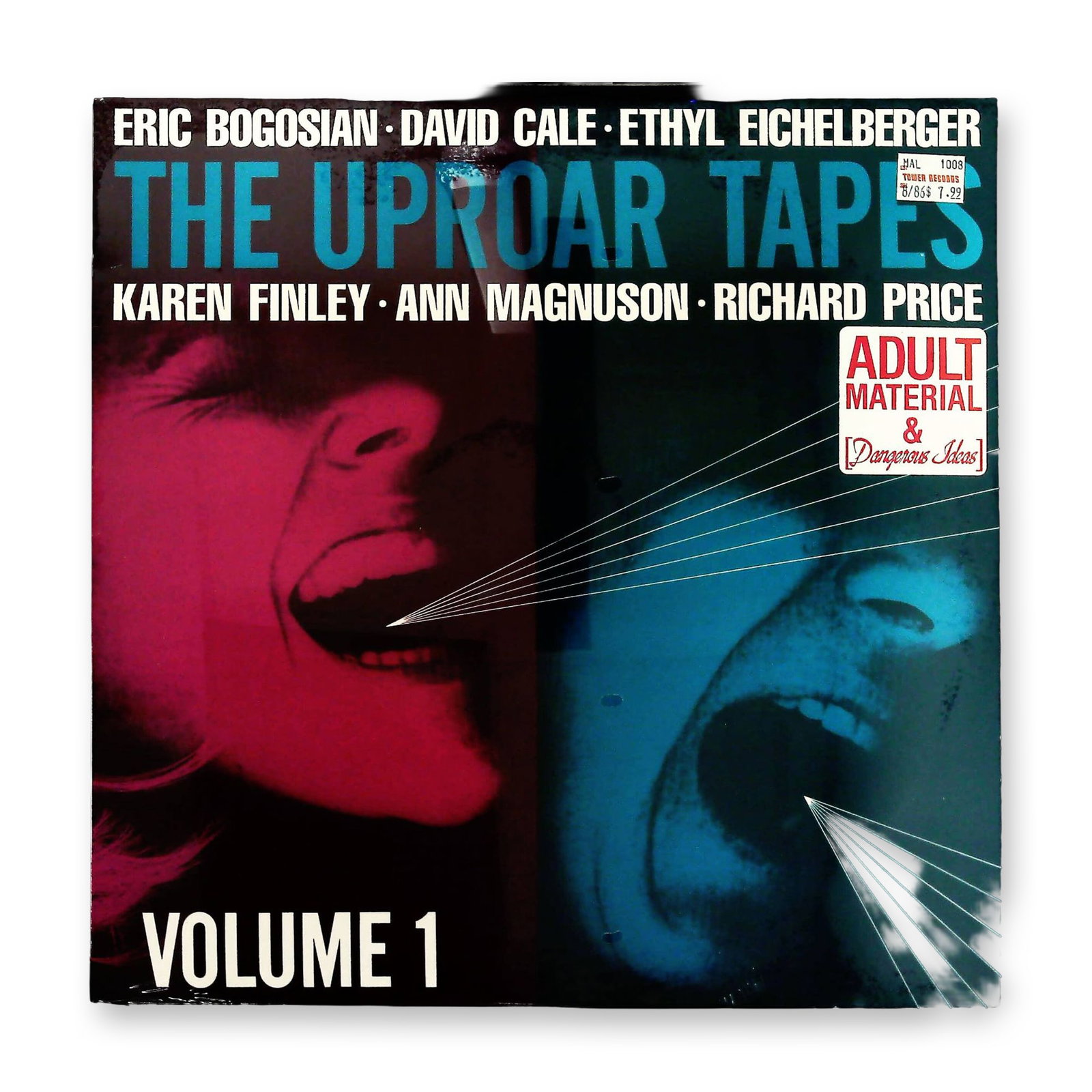 The Uproar Tapes, Volume 1, Spoken Word LP Album Sleeve, 1986: A single cardboard LP album sleeve for the spoken word compilation, The Uproar Tapes, Volume 1. The album features performances by late 20th-century contemporary artists including Eric Bogosian, David
