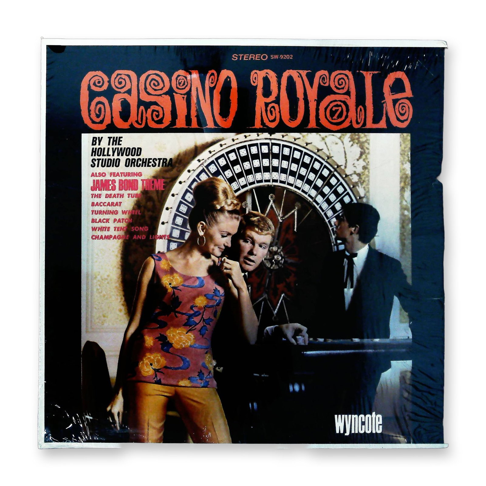 Wyncote LP Casino Royale Soundtrack by The Hollywood Studio Orchestra SW-9202: A single vinyl LP record album featuring the soundtrack themes from the 1967 film Casino Royale, performed by The Hollywood Studio Orchestra. This is a budget release on the Wyncote label, bearing cat