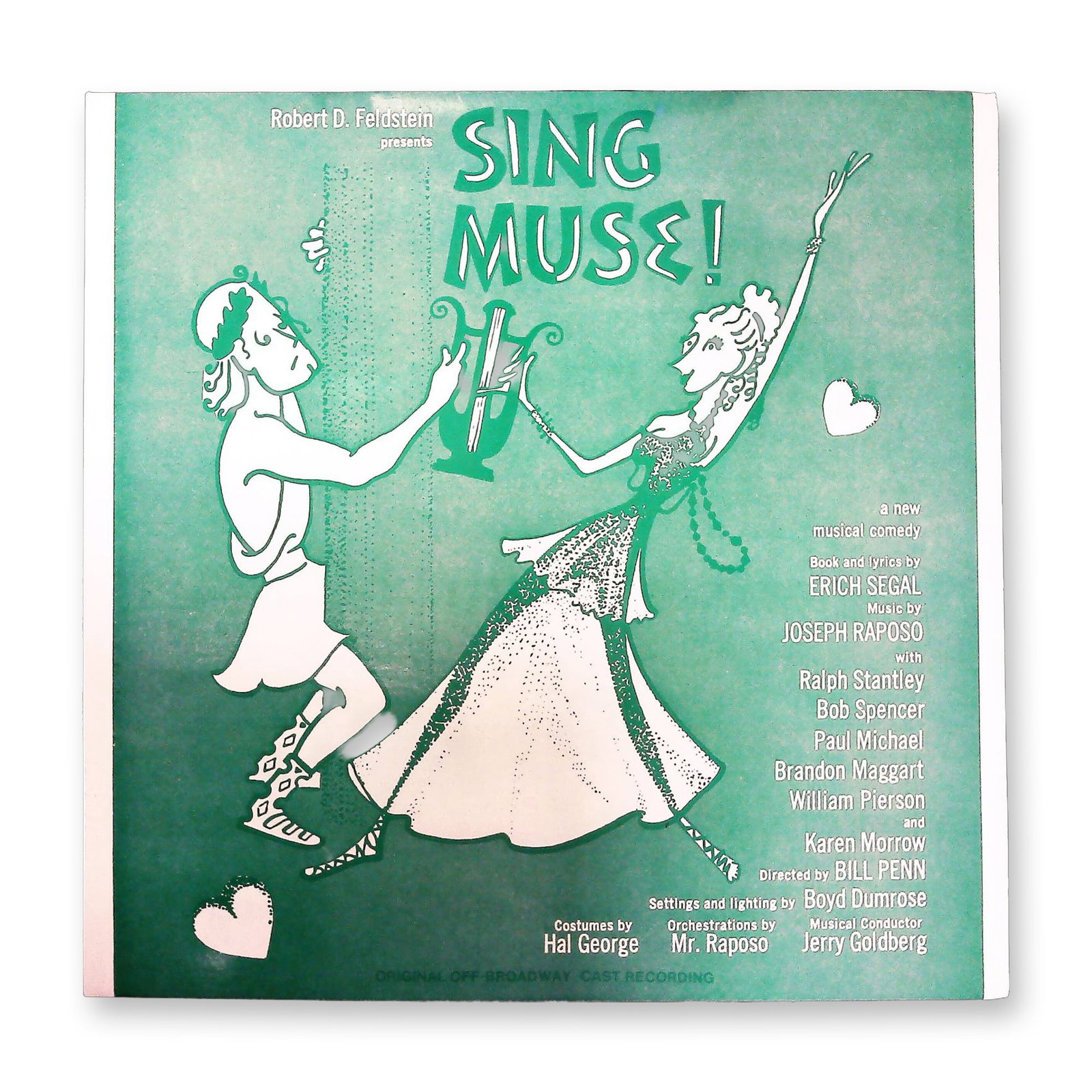 A Pair of: Sing Muse! Original Off-Broadway Cast Recording LP: This lot consists of the original cast recording of the musical comedy Sing Muse!, presented by Robert D. Feldstein, with book and lyrics by Erich Segal and music by Joseph Raposo. The lot includes