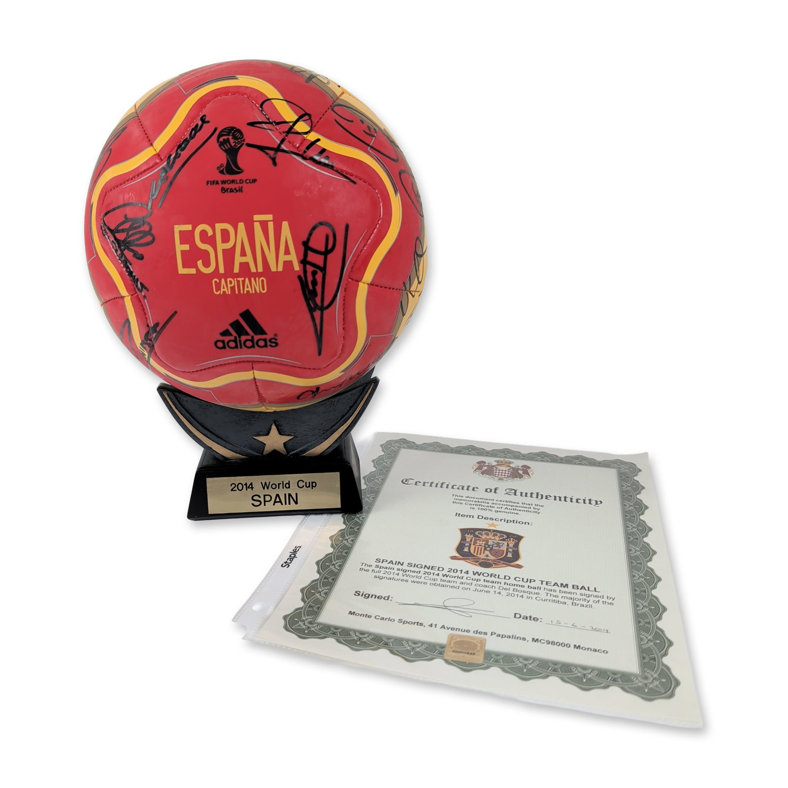 Adidas 2014 World Cup Spain Team Signed Soccer Ball: Adidas Performance Capitano Spain soccer ball in red and yellow synthetic materials with gold accents. The ball features the Adidas logo, 2014 FIFA World Cup Brazil logo, and gold lettering reading