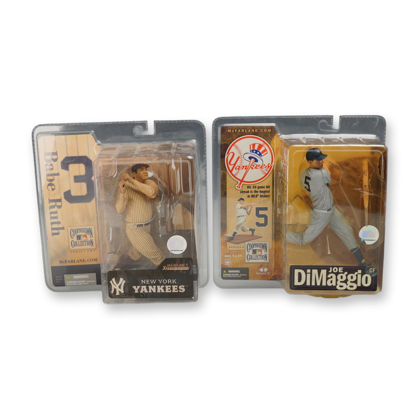 Two McFarlane Toys Cooperstown Collection Baseball Figures New York Yankees Babe Ruth and Joe: This lot features 2pc Cooperstown Collection Baseball figures by McFarlane Toys, highlighting iconic players from the New York Yankees. The set includes a Series Two Babe Ruth figure and a Series