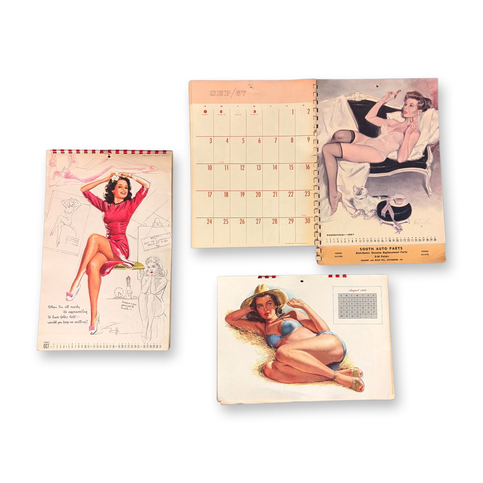 3pc Esquire and American Pin-Up Calendar Collection (1947"1967): This three-piece collection features iconic mid-century pin-up art from major publishers including Esquire. The lot includes a 1947 vertical calendar page and bound with a red metal spiral, as well as