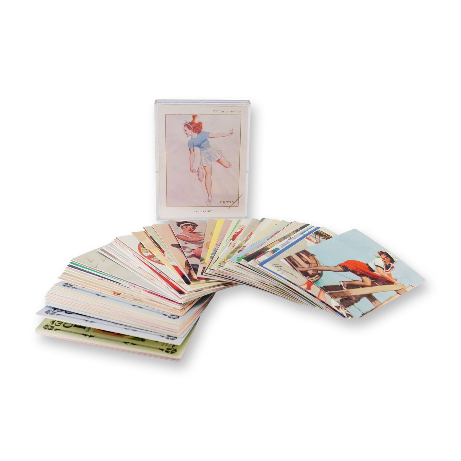 A Collection of Gil Elvgren and George Petty Pin-Up Collector Trading Cards: This erotica collectors card grouping consists of a large assortment of modern trading cards reproducing mid-20th-century pin-up illustrations. The lot includes a significant portion of the Gil Elvgre