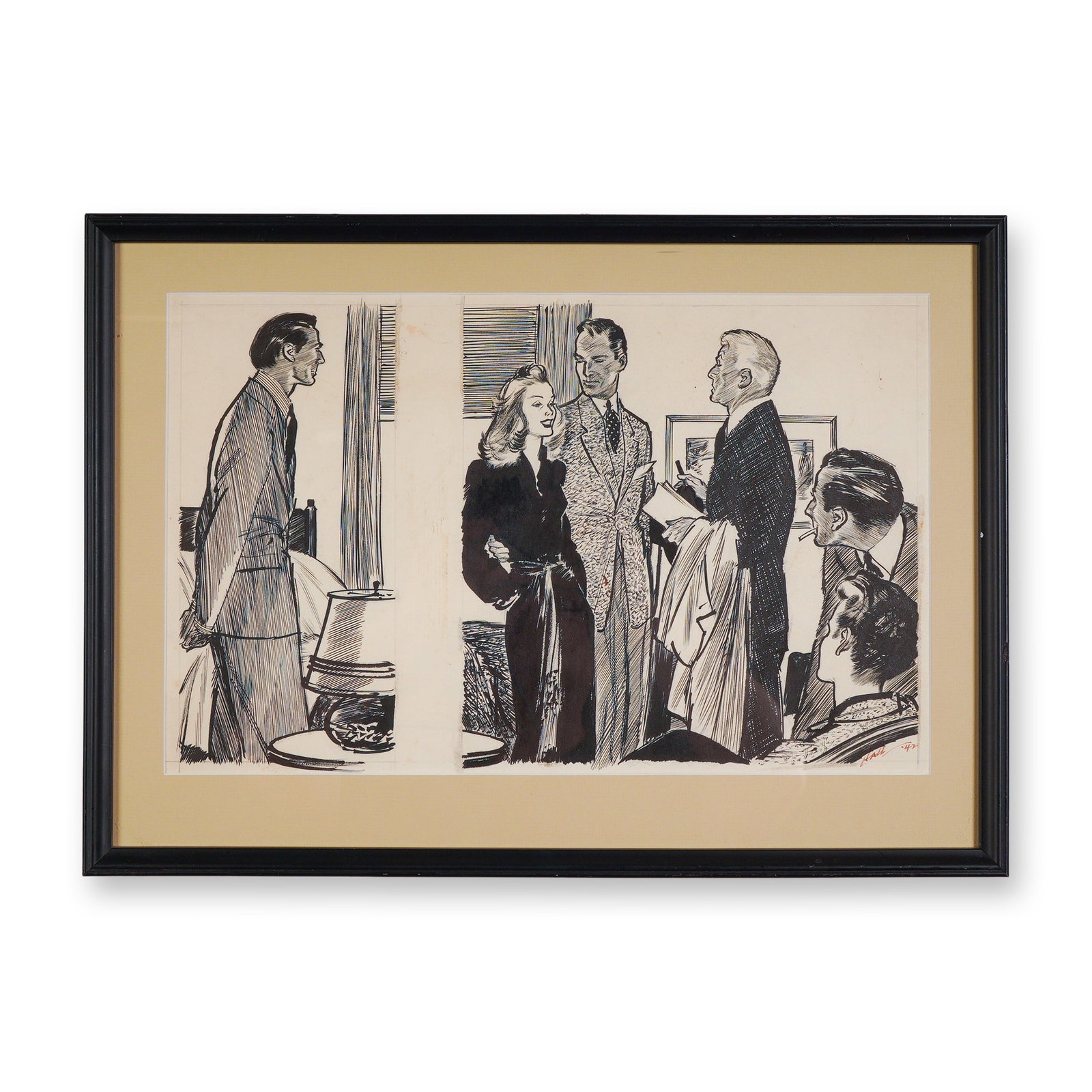 Wayne Hall Original Illustration, Love Story Magazine, 1942, Signed: Original ink illustration by artist Wayne Hall, created for the story Sabotage! published in Love Story magazine, issue dated April 4. The scene captures a charged moment as multiple characters confro