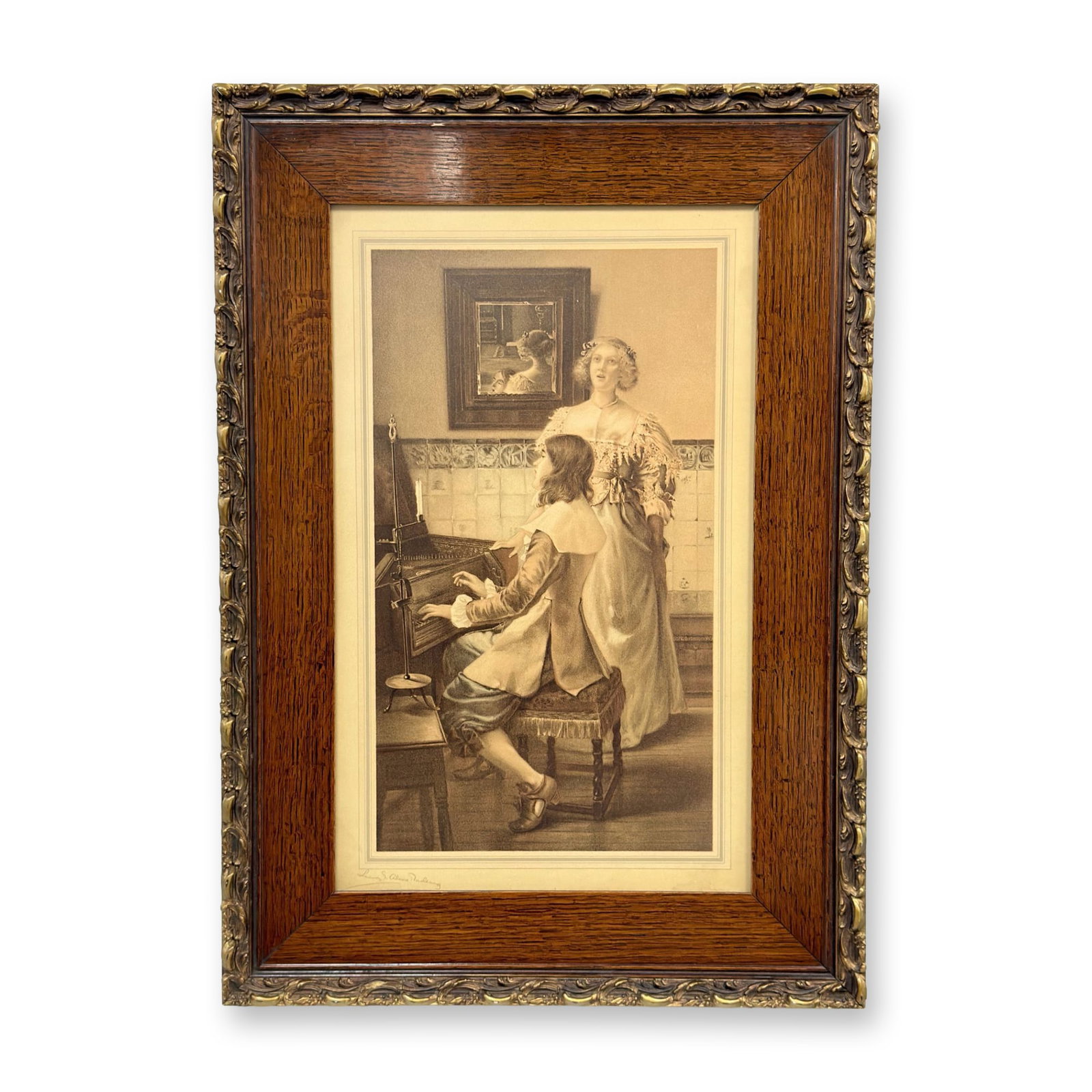 Laura Theresa Alma-Tadema, The Song, Chromolithograph: This chromolithograph is after the original painting titled The Song by British artist Laura Theresa Alma-Tadema (1852-1909). The image depicts a 17th-century Dutch-style domestic interior featuring a