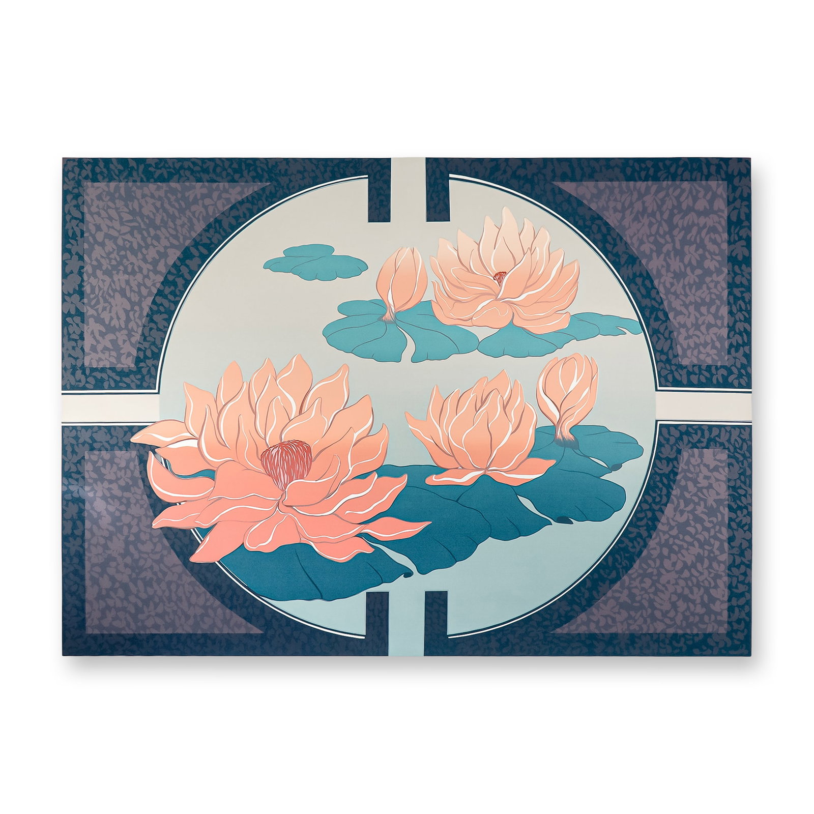 Tricia Cheek-Law, Lithograph on Paper, Libra Lillies, Signed & Numbered: A stunning large-scale lithograph on paper by contemporary artist Tricia Cheek-Law, titled Libra Lillies. This vibrant composition features a graceful arrangement of lotus blossoms in warm coral hues 
