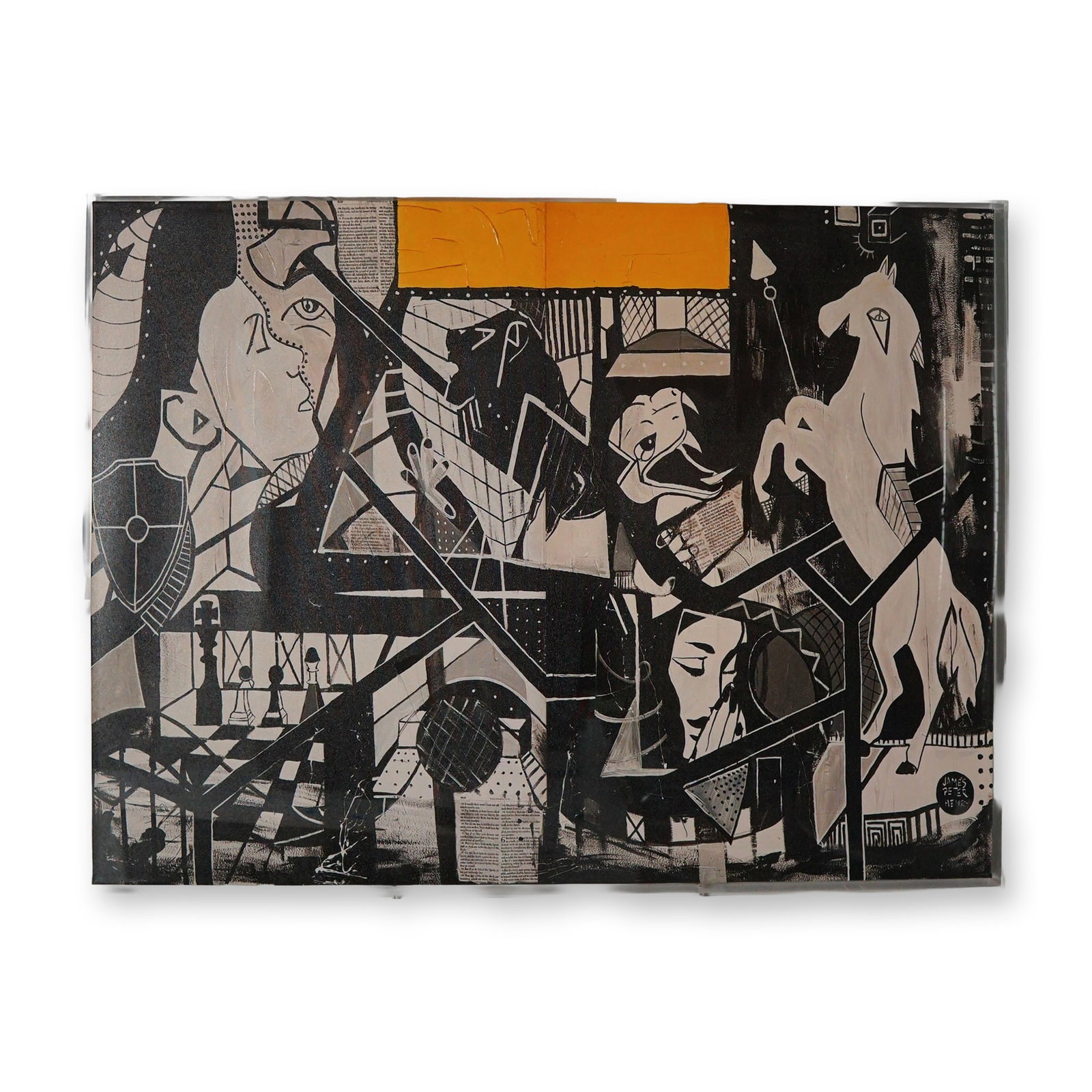 James Peter Henry (Australian/American, Contemporary), Mixed Media on Canvas in Acrylic Gallery: A powerful and visually arresting work by contemporary artist James Peter Henry, Spiritual Warfare exemplifies the artist's distinctive fusion of abstracted figuration, rhythmic linework, and symbolic