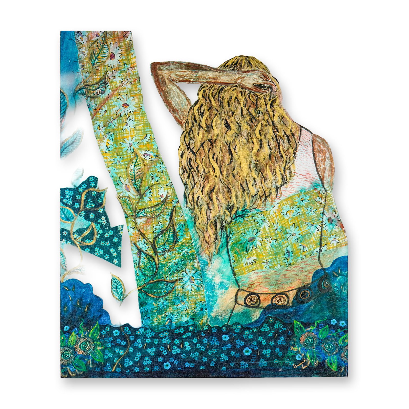 Hand-Embellished Mixed-Media Giclee on Canvas, Signed & Numbered: This contemporary mixed-media giclee on canvas depicts a female figure from behind, featuring long, flowing golden hair and a raised arm. The composition is detailed with decorative floral and geometr
