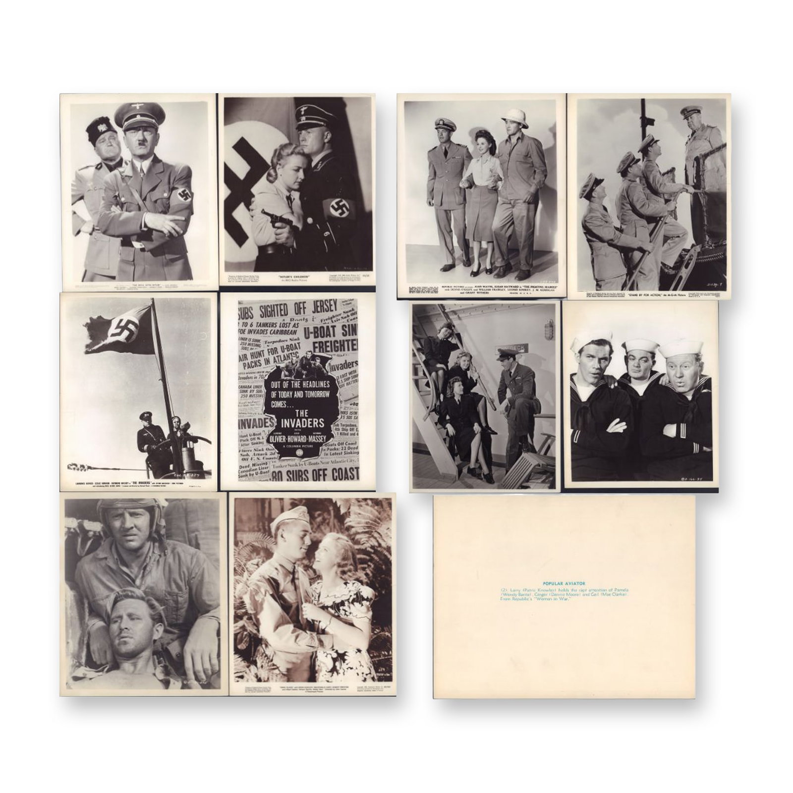 10pc Black and White Movie Star Publicity Photos c. 1940: This 10pc collection consists of original vintage black and white silver gelatin movie star publicity photos and promotional sheets from the 1941"1942 period, issued by major studios including RKO Rad