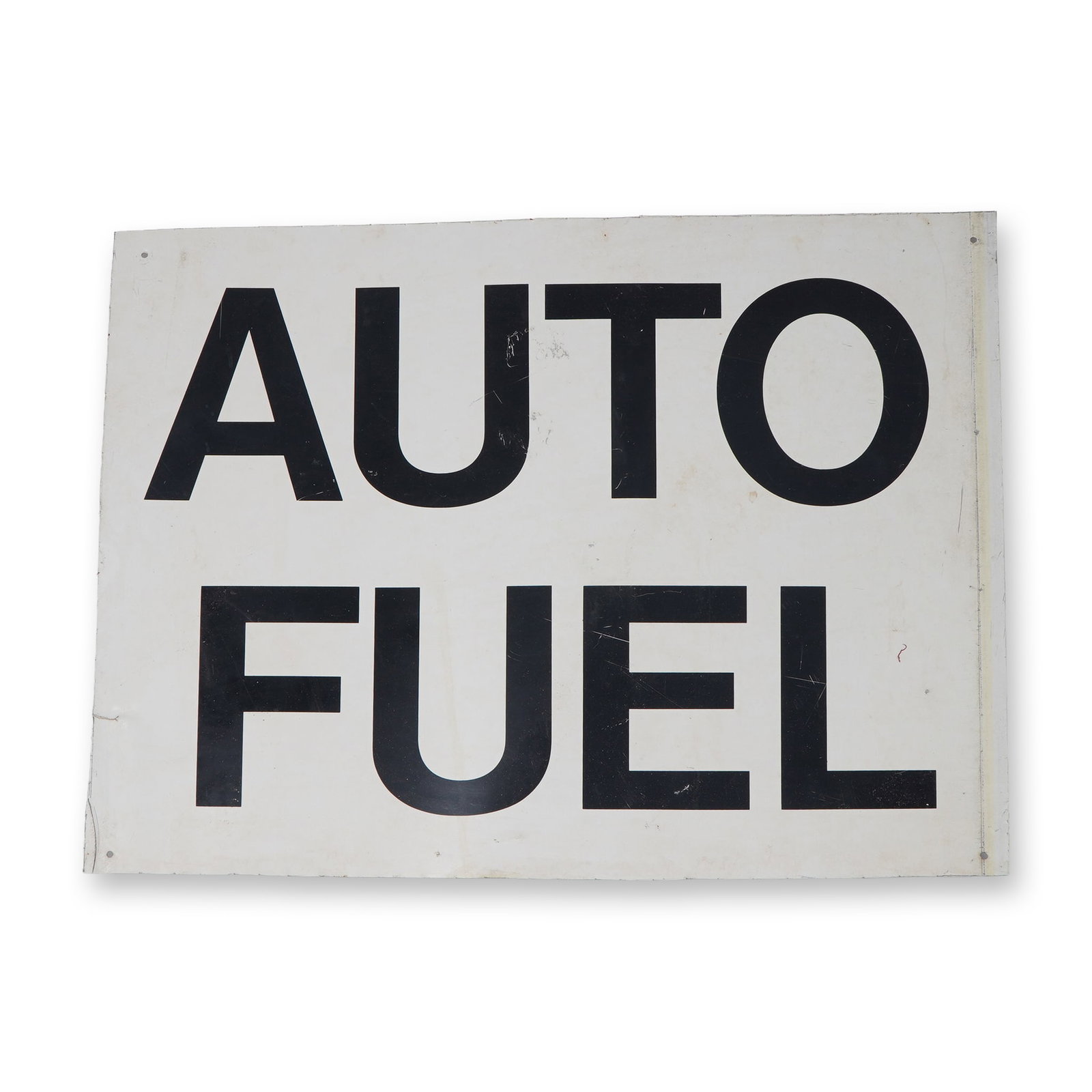 Vintage Auto Fuel Metal Service Station Sign: Large vintage metal sign with bold black block lettering reading AUTO FUEL on a white background. Likely used at a gas station or fueling depot, the simple, utilitarian typography and industrial paint