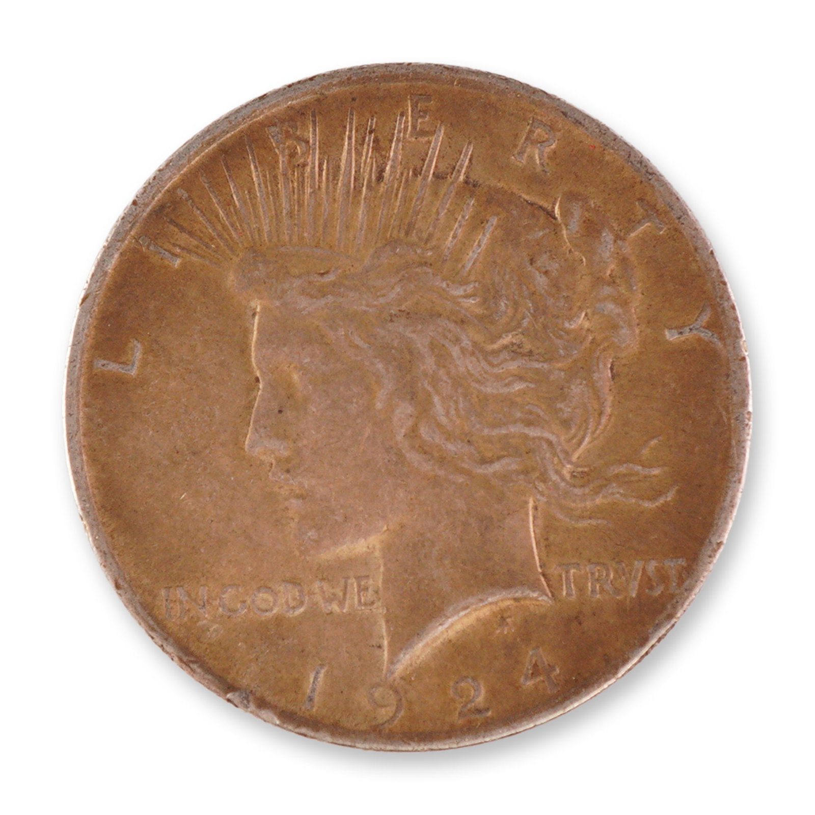 1924 Peace Dollar Coin: Struck in .900 fine silver, the obverse of the coin portrays Liberty crowned with stylized rays surrounded by LIBERTY above, IN GOD WE TRVST, and the year 1924 below. The reverse depicts a perched eag