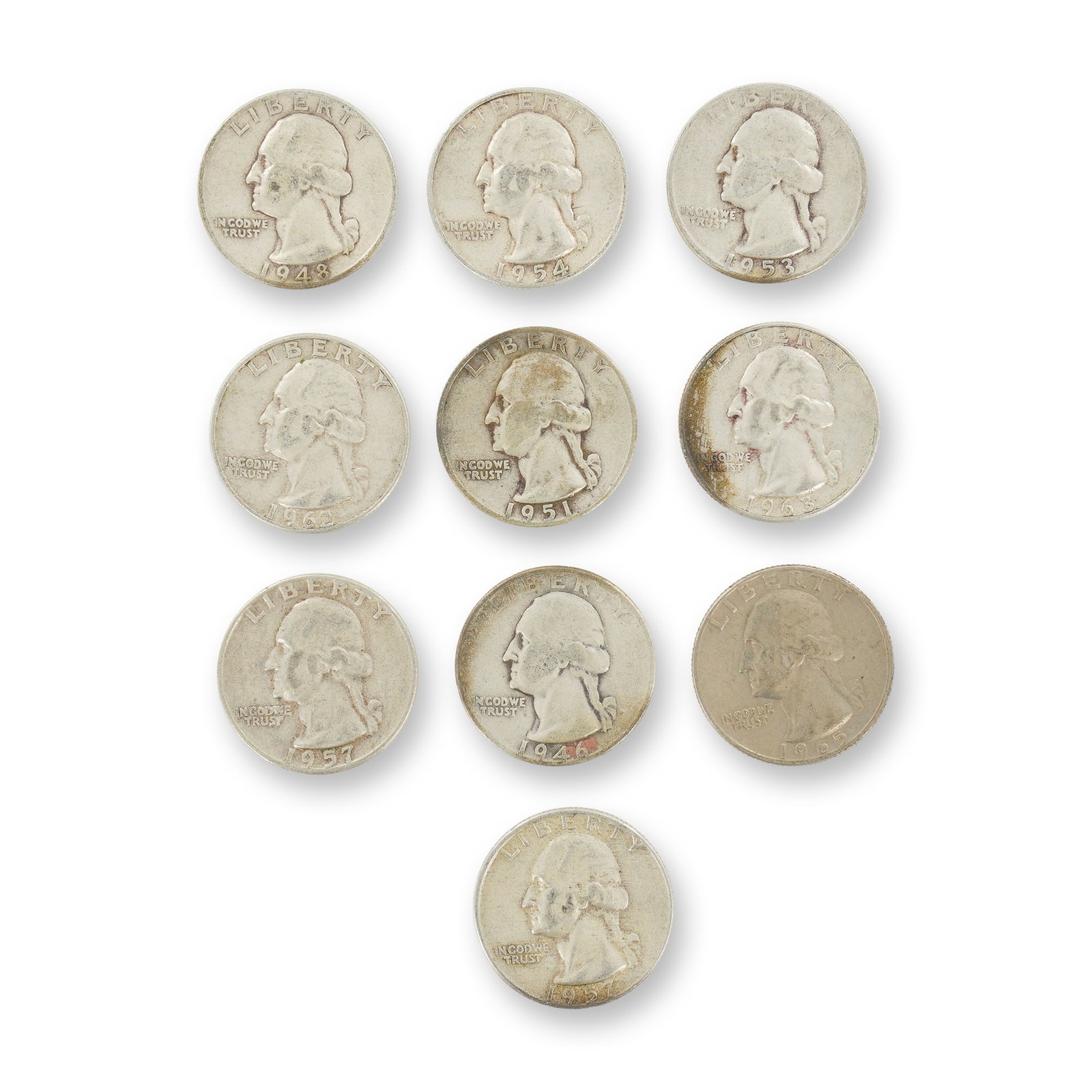 10pc Pre-1964 U.S. 90% Silver Washington Quarters: This collection of 10 US Washington Quarter Dollars includes nine 90 percent silver issues and one copper-nickel clad issue. The silver coins comprise the following dates and mint marks: 1946 (Philade