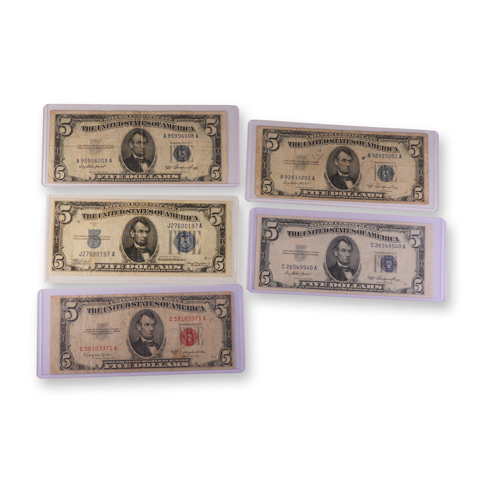 5pc 1934 to 1953 Silver Certificate U.S 5 Dollar Bills (1 of 2)